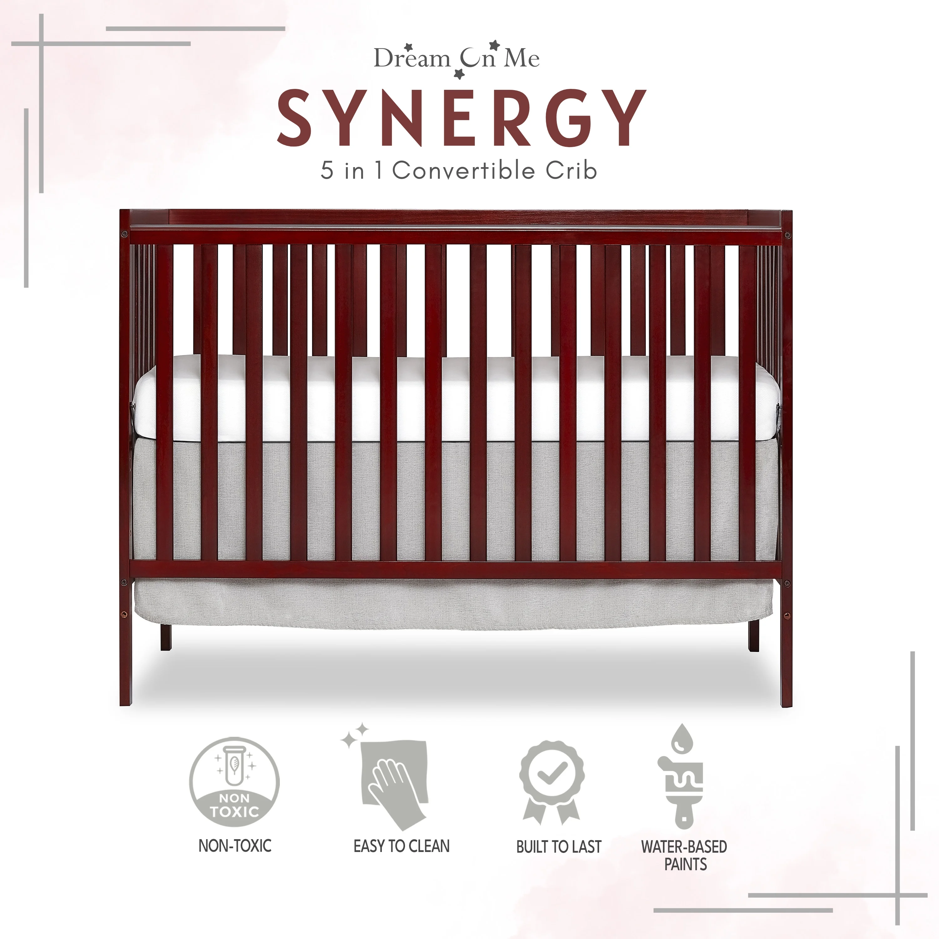 Dream On Me Synergy 5-in-1 Convertible Crib in Cherry, Greenguard Gold Certified