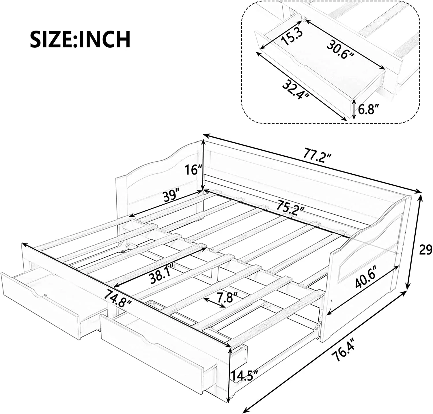 Daybed With Drawers And Trundle Wood Extendable Day Bed Frame For Bedroom Living Room, Espresso