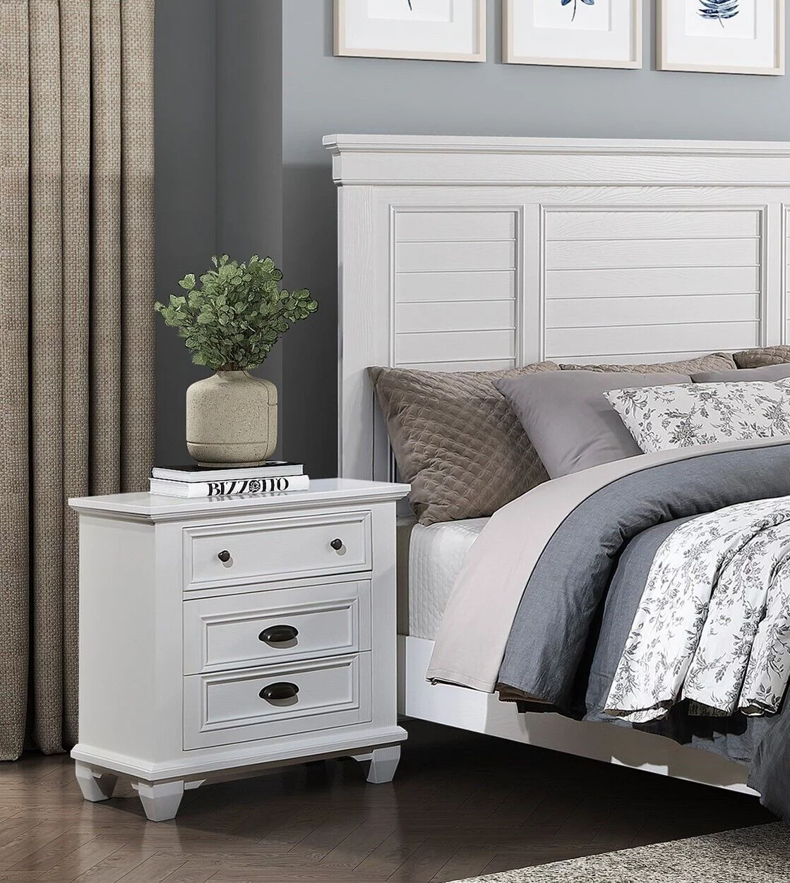 Classic White Finish 5pc Set Queen Bed Nightstand Dresser Mirror Wooden Bedroom Furniture