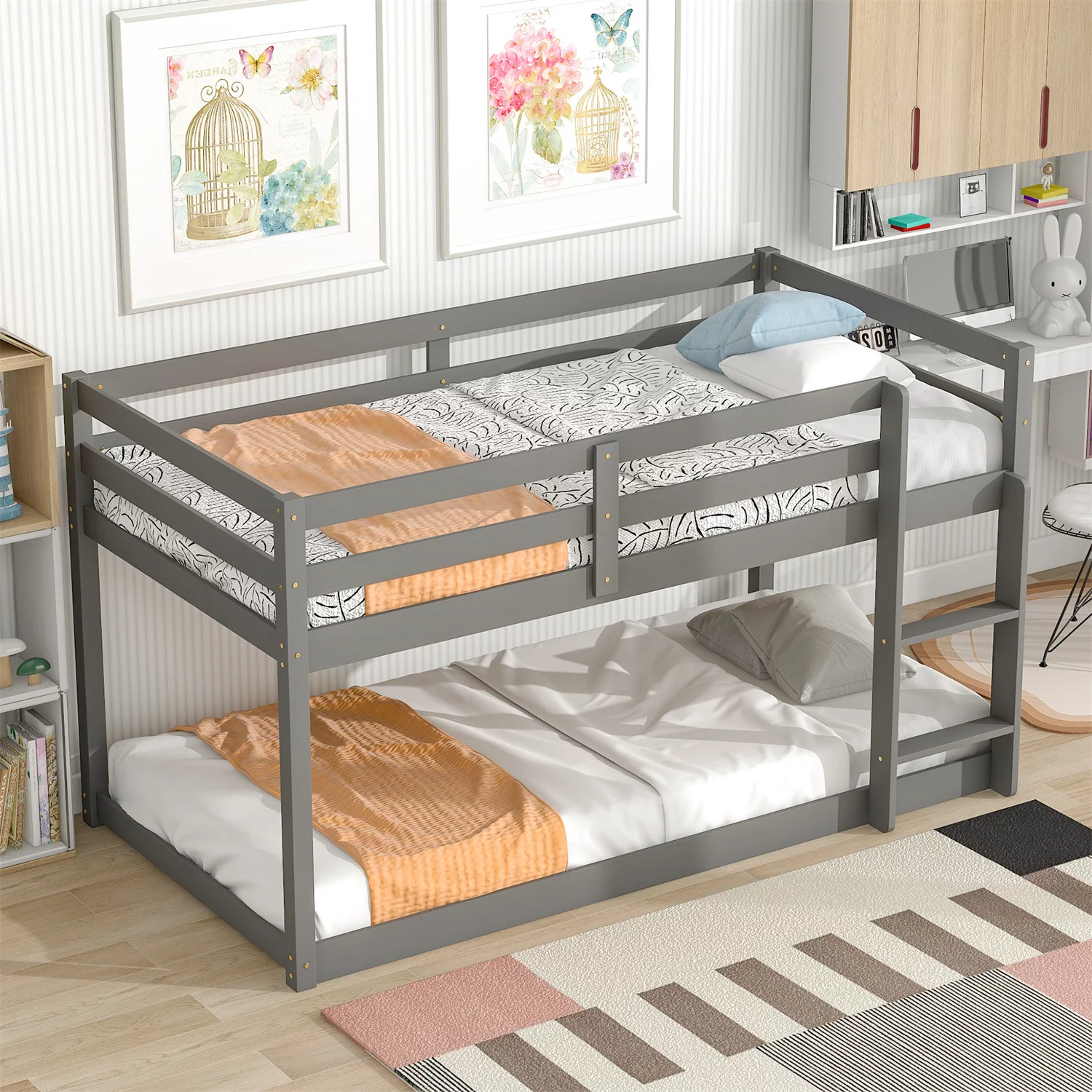Low Bunk Bed Twin Over Twin, Solid Wood Bed Frame with Ladder and Safety Guard Rails for Kids, Gray