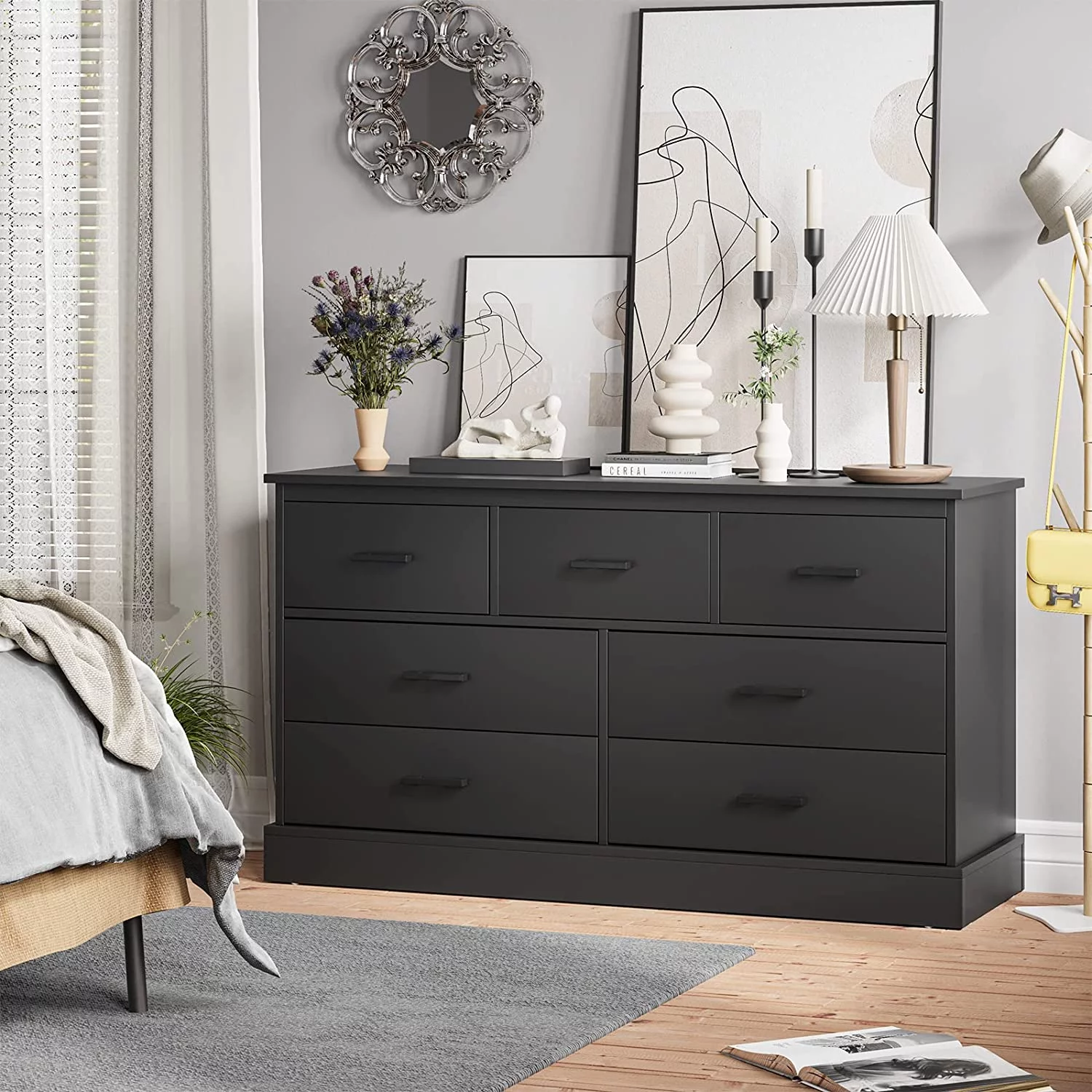7 Drawer Dresser for Bedroom,Wood Storage Tower Clothes Organizer with Metal Handle,Large Storage Cabinet,Black