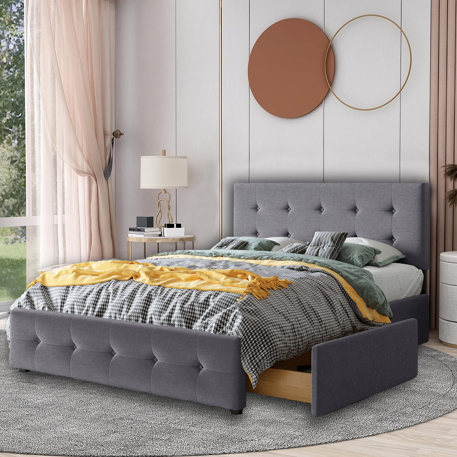 HESTINYSUS Upholstered Queen size bed with headboard and 4 drawers, no springs, Linen Fabric, Dark Gray