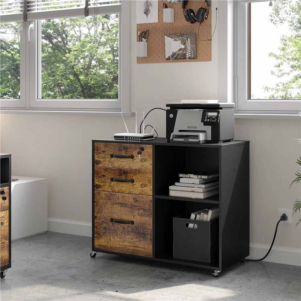 Smile Mart 3-Drawer Mobile Vintage File Cabinet with Power Outlet for Home and Office Black, Rustic Brown