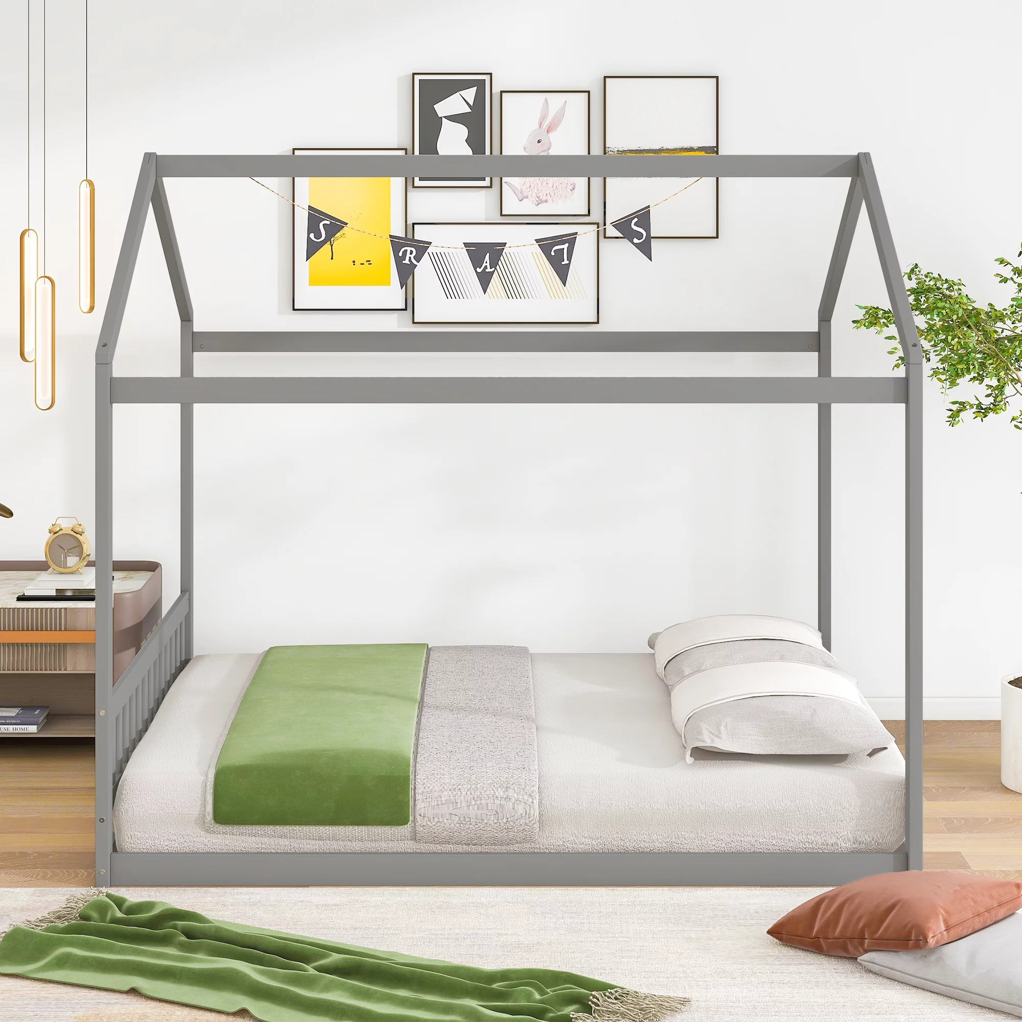 Euroco Pine Wood Queen Size House Shaped Canopy Bed for Bedroom, House Platform Bed for Living Room, Gray