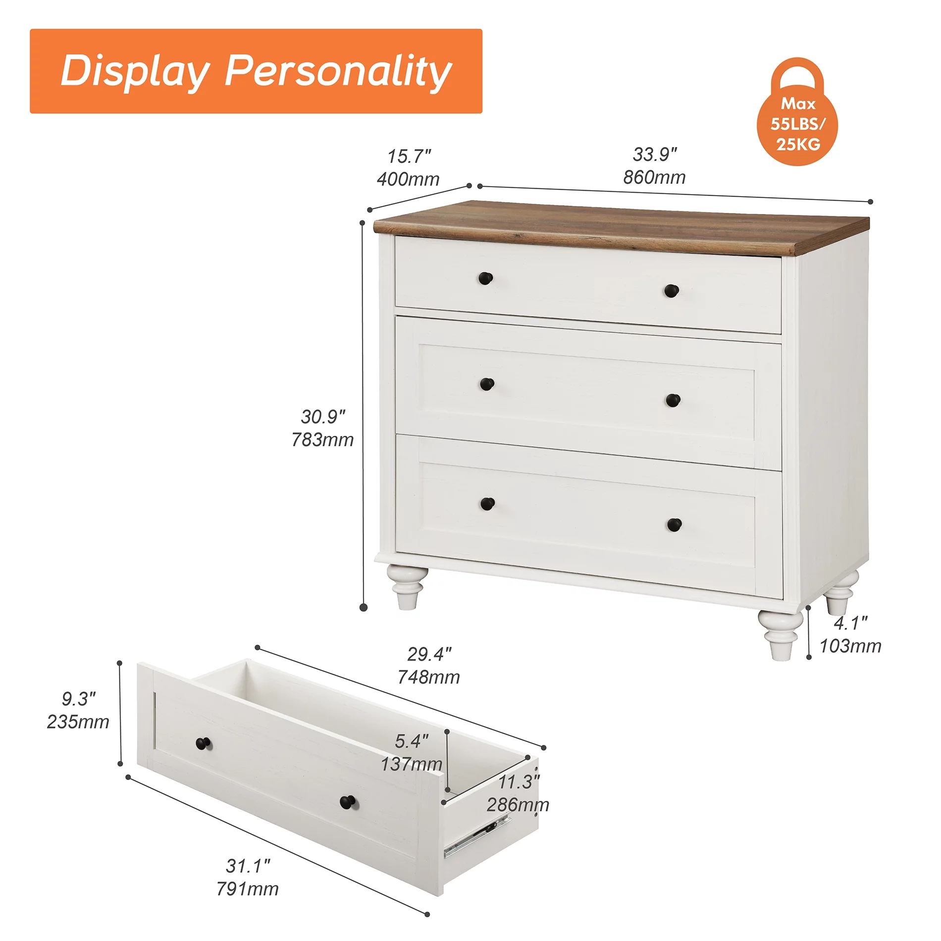 3 Drawer Dresser for Bedroom, White Kids Dressers Wood Mid Century Modern Closet Storage Organizer for Living Room, Nursery, Hallway