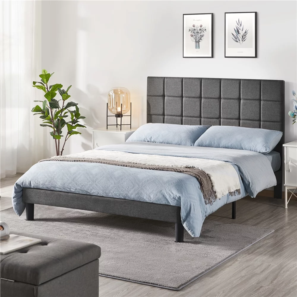 Yaheetech Modern Upholstered Platform Bed with Adjustable Tufted Headboard, Queen Size, Dark Gray