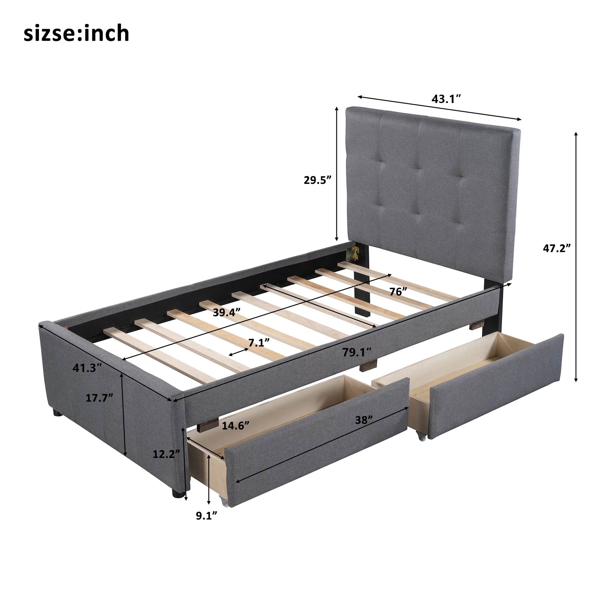 Gray Linen Upholstered High Quality Solid Wood Platform Bed with Headboard and Two Built-in Drawers, Twin