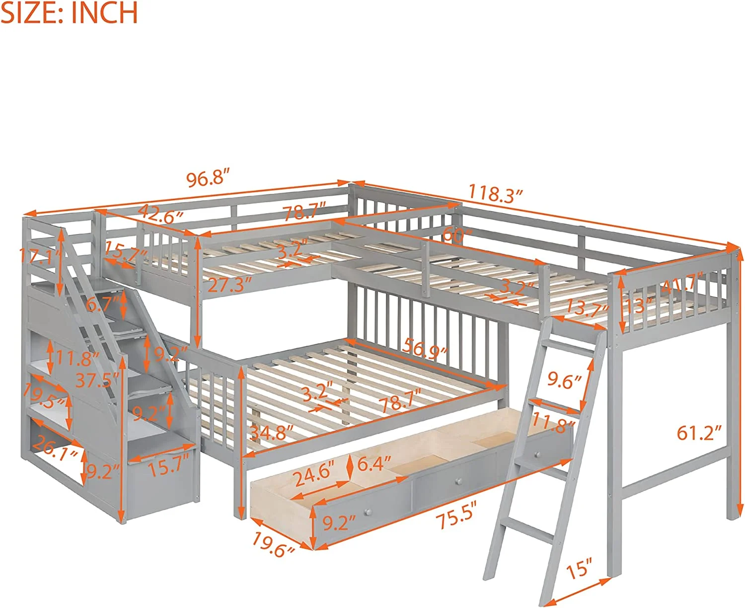 Triple Bunk Bed With Stairs And 3 Storage Drawers, L Shaped Beds For Kids, Over Full Size Loft Attached, Wooden Frame Kids Teens Girls Boys (Gray)