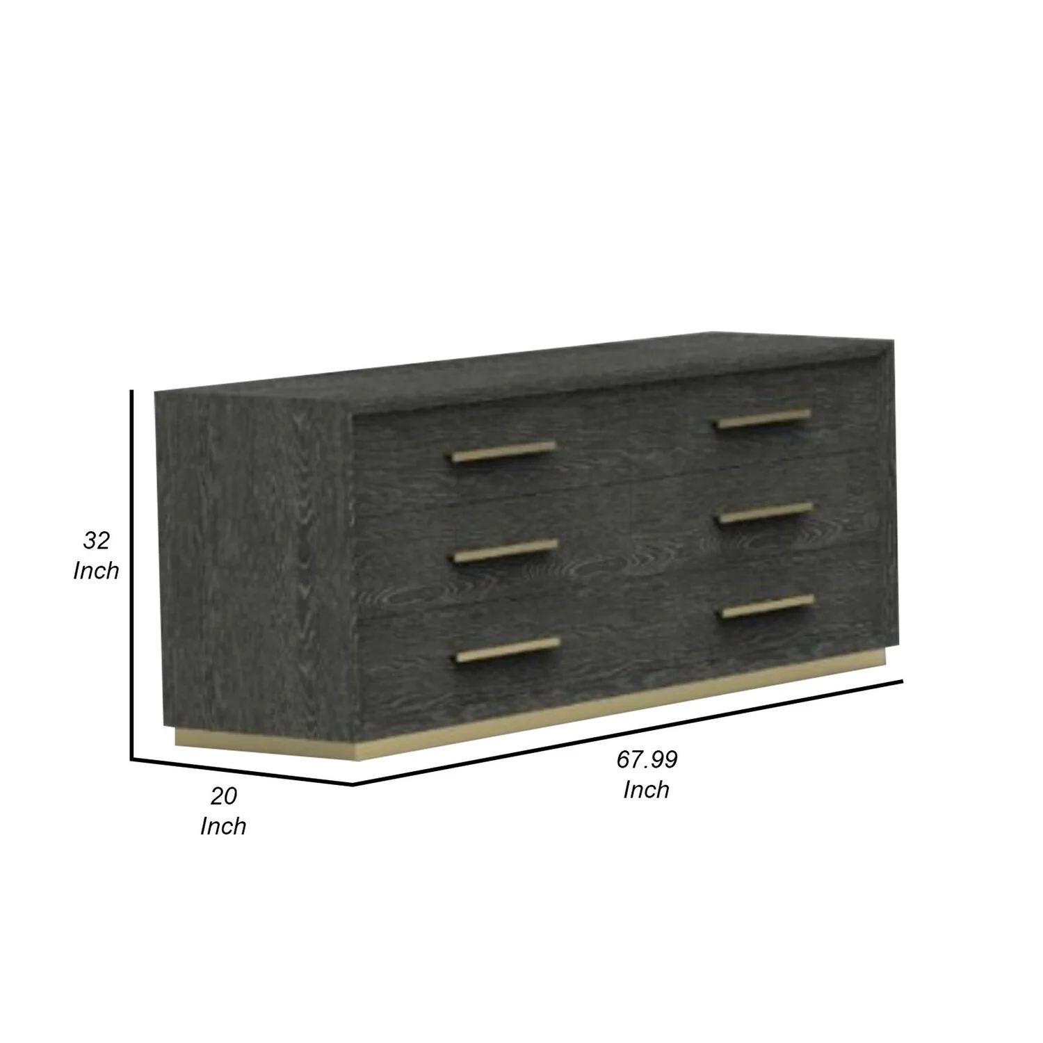 Benjara Cid Mizo 68 Inch Wide Dresser, 6 Drawers, Solid Gray Wood, Plinth Base