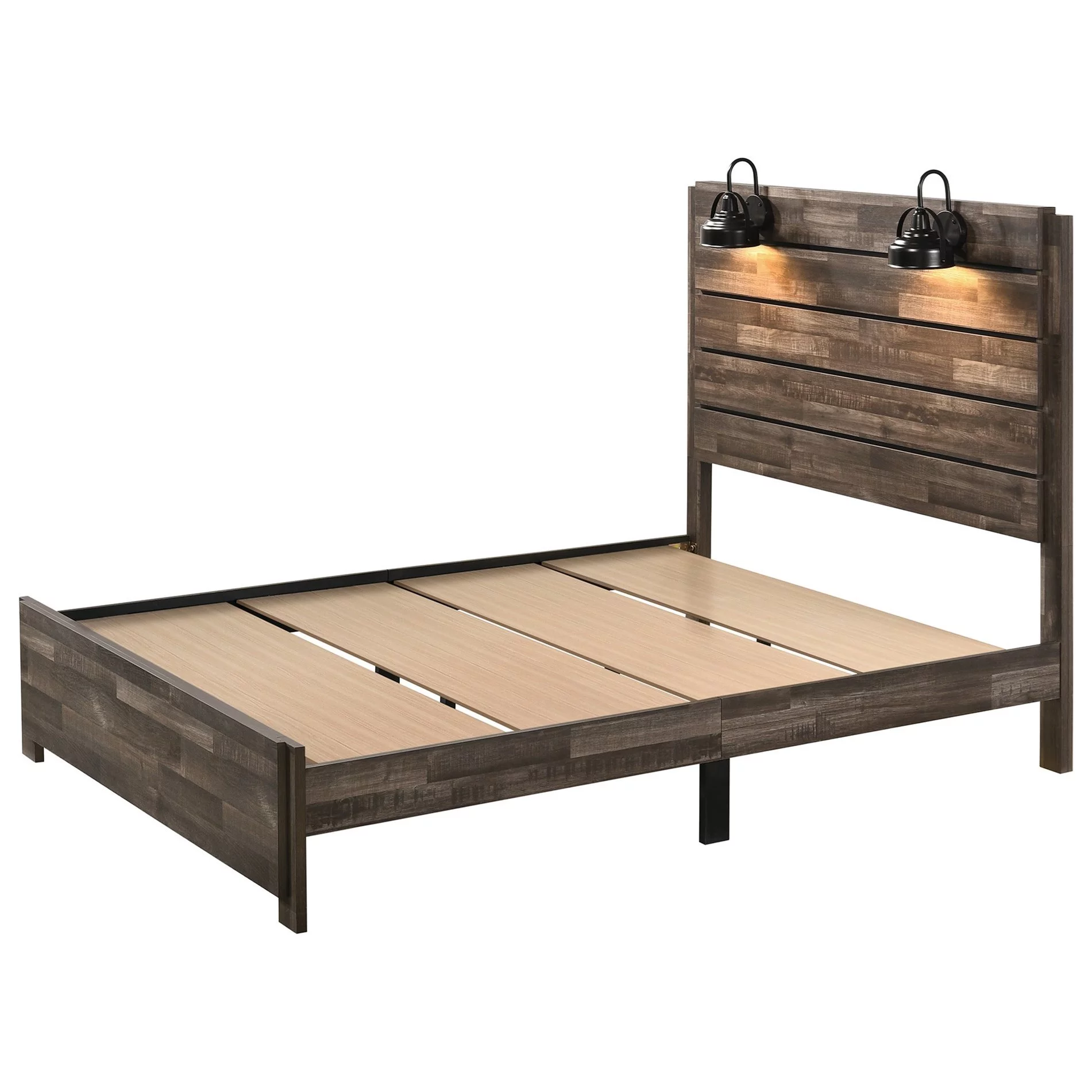 Contemporary Rustic Brown Finish Queen Size 1Pc Panel Bed Built in Lighting Bedroom Wooden Furniture