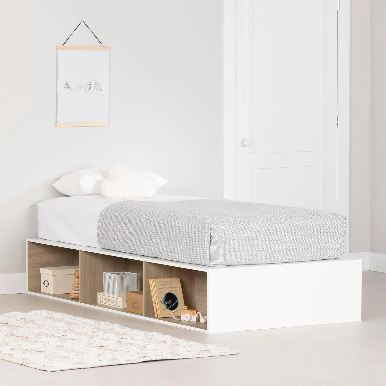 Hourra Platform Bed With Open Storage, , Soft Elm And White