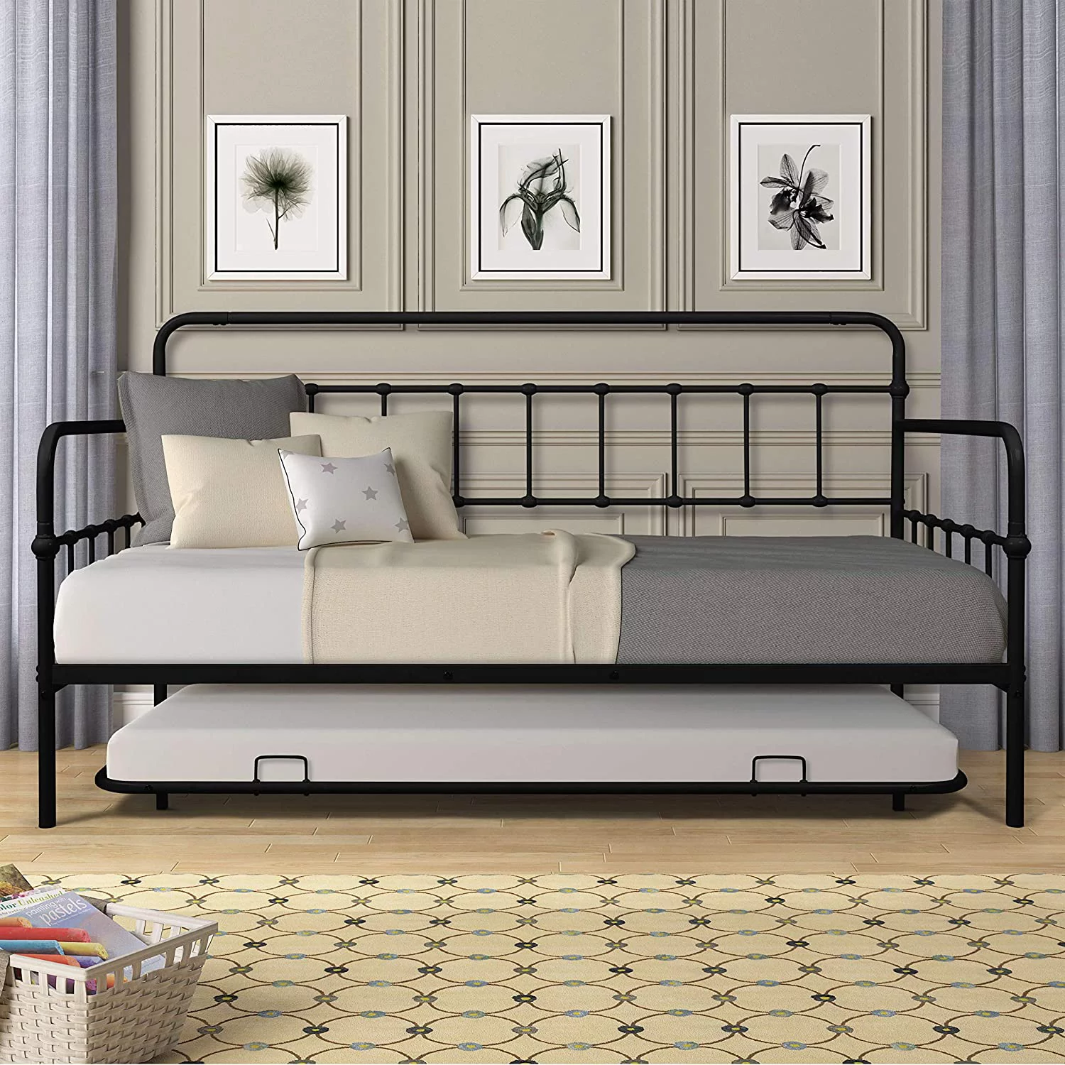 Twin Size Metal Frame Daybed with Trundle Heavy Duty Steel Slat Support Saving Space Bed Sofa Bedroom Living Room Furniture for Guest No Spring Box Needed Brown
