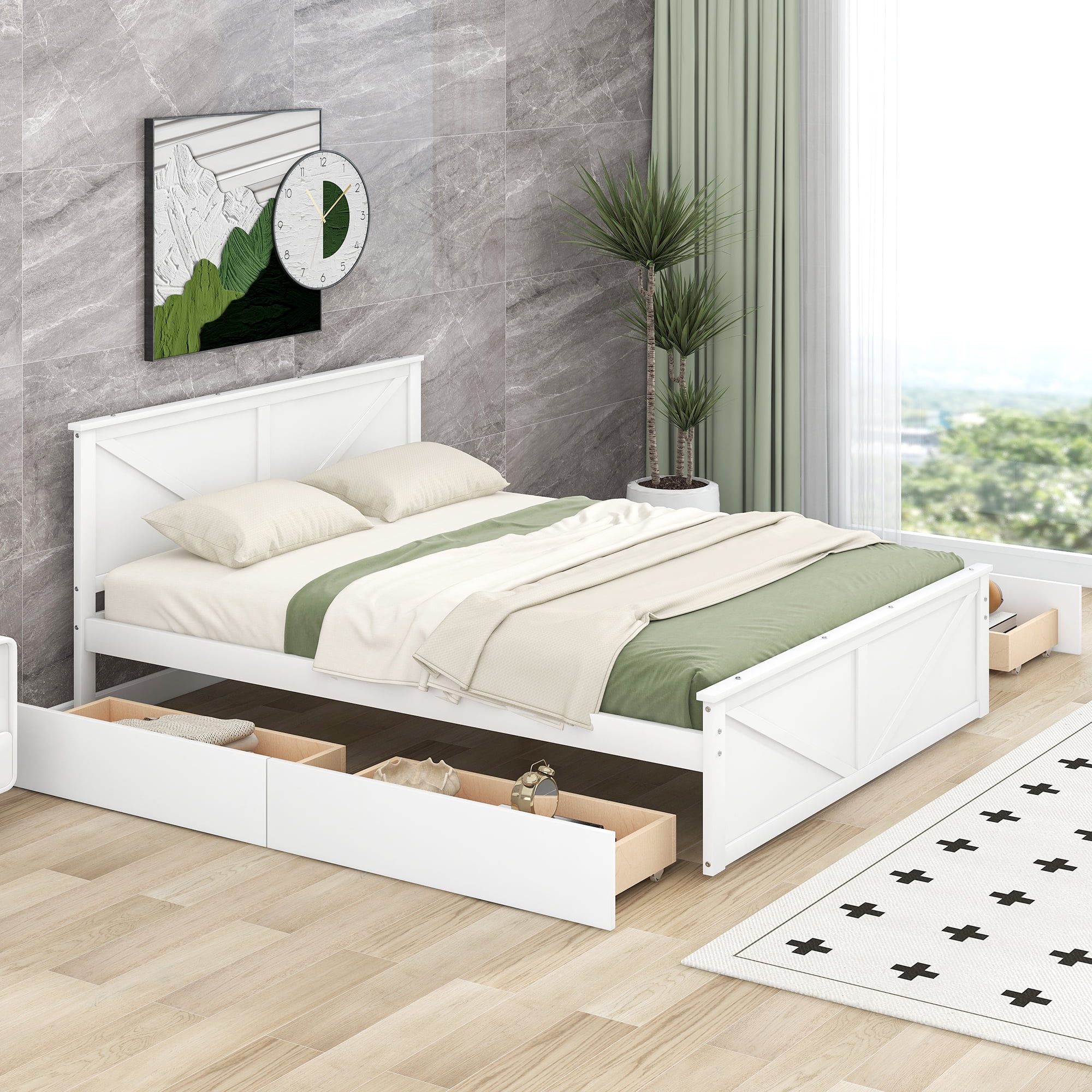 Euroco Pine Wood Queen Size Platform Bed with Four Storage Drawers for Living Room, White