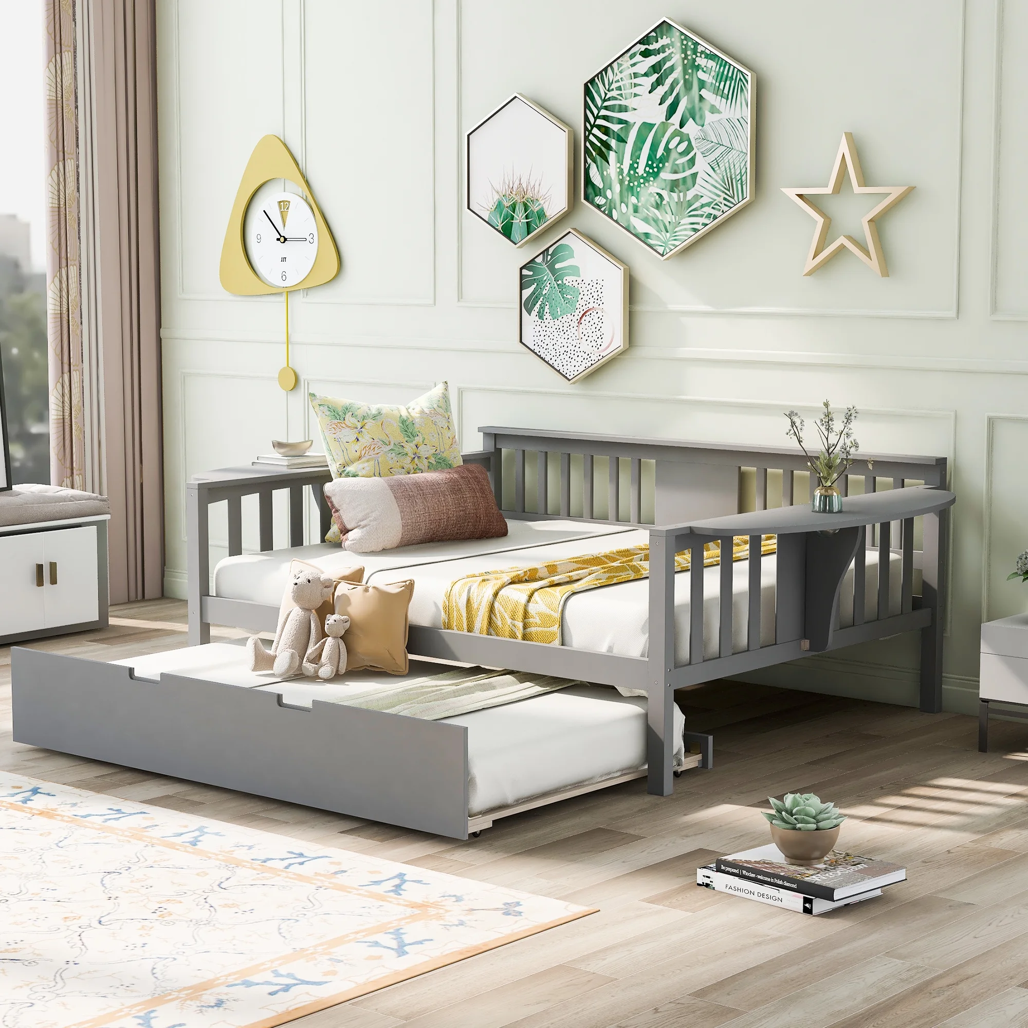 CoSoTower Full Size Daybed With Twin Size Trundle, Wood Slat Support, Gray