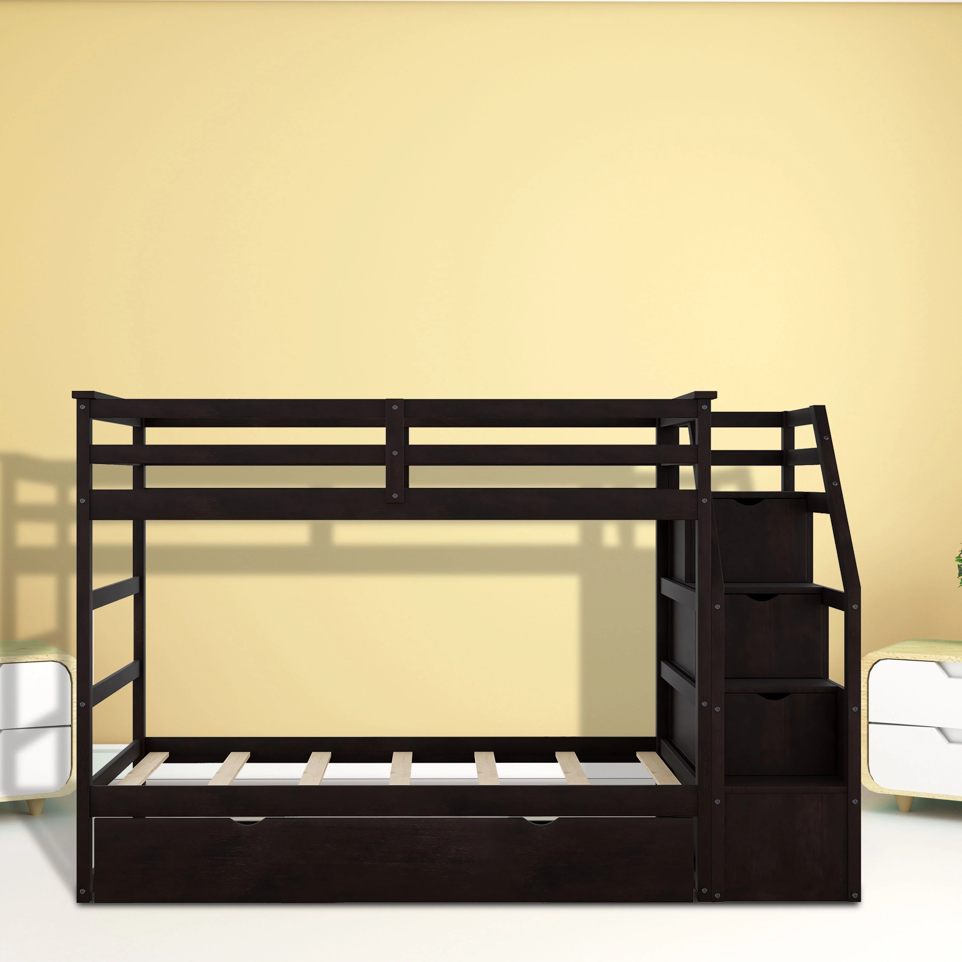 Twin-Over-Twin Bunk Bed with Twin Size Trundle and 3 Storage Stairs,Espresso