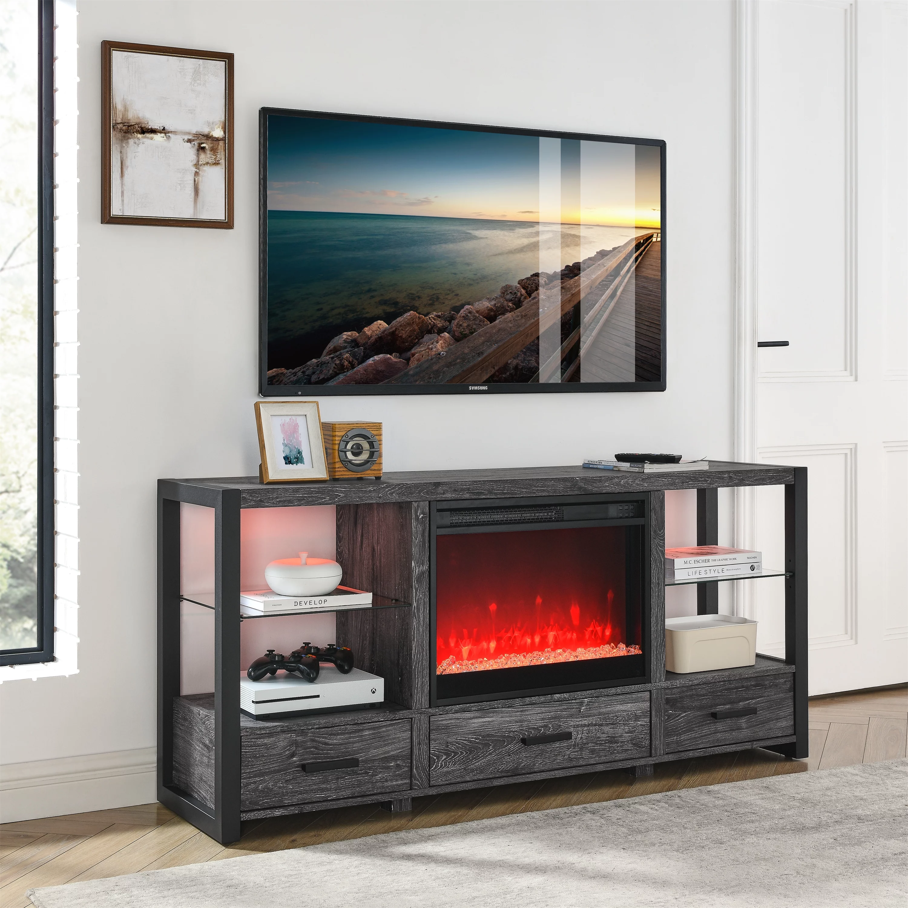 3-IN-1 Fireplace TV Stand with LED Lights, 1400W Electric Fireplace Heater Entertainment Center for 70