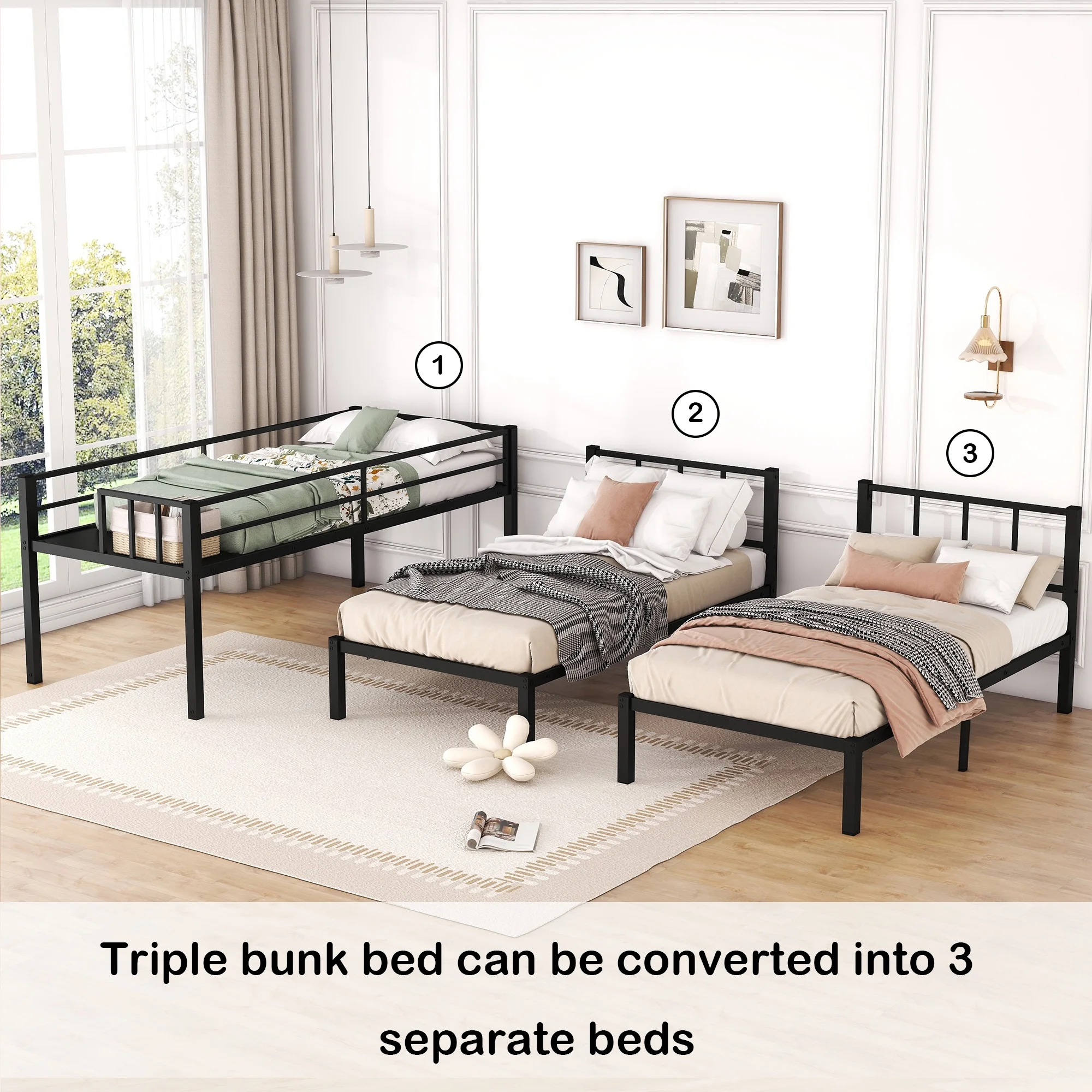 Bellemave Triple Bunk Bed Twin over Twin and Twin Metal Bunk Bed Frame with Storage Shelf and Build-in Table Space-saving 3 Beds in 1 Convertible 3 Bunk Bed for Kids Teens Boys Girls, Black