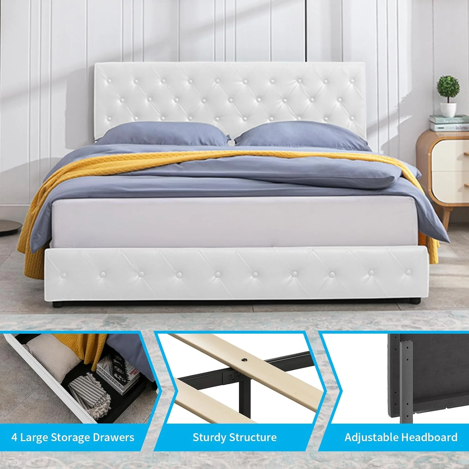 Puremind Upholstered California King Platform Bed Frame with 4 Storage Drawers, PU Leather Modern Bed Frame with Adjustable Headboard, Button Tufted Design/No Box Spring Needed/Easy Assembly (White)