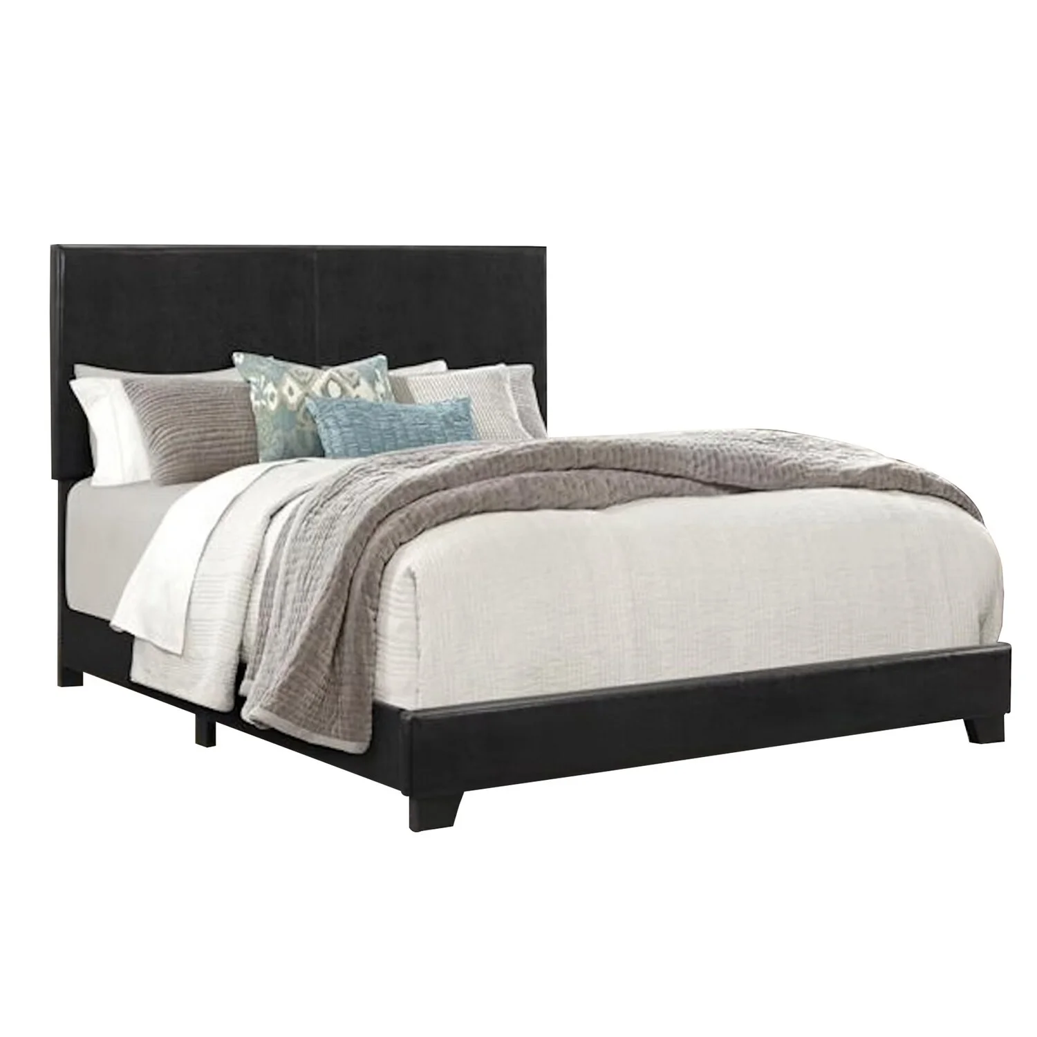 Benjara Shirin King Size Bed, Wood, Nailhead Trim, Upholstered Headboard, Black