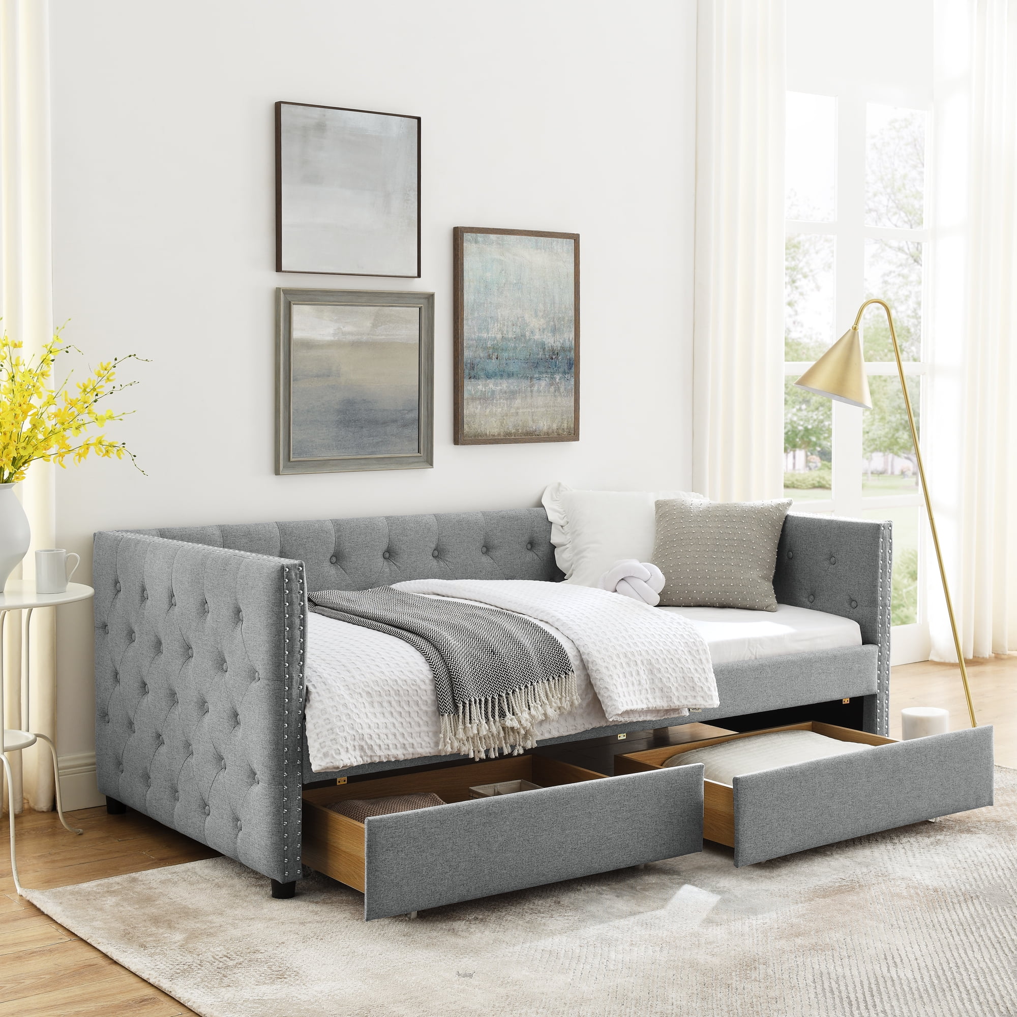 Docooler Upholstered Twin Size Daybed with Two Drawers, Grey, Button and Copper Nail Detail, Versatile for Any Room