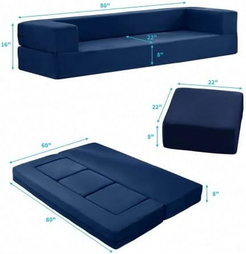 NLIBOOMLife Convertible Futon Sofa Bed with 3 Ottomans  Memory Foam Pull Out Couch  Velvet Fold Out Sleeper Sofa Couch  Foldable Mattress Floor Sofa for Living Room/Bedroom/Office  Blue