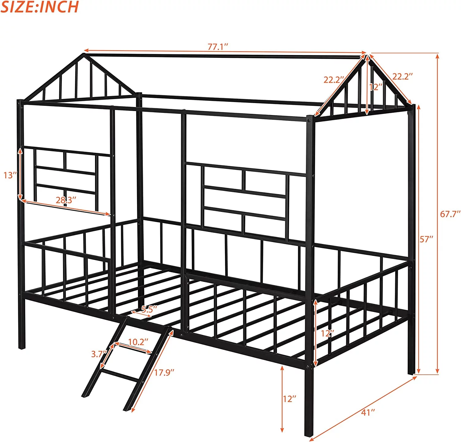 Metal Size House Loft Bed For Kids, Low Loft Bed With Roof And Ladder, Junoir Loft Bed For Girls Boys,Playhouse Bed Frame, Black