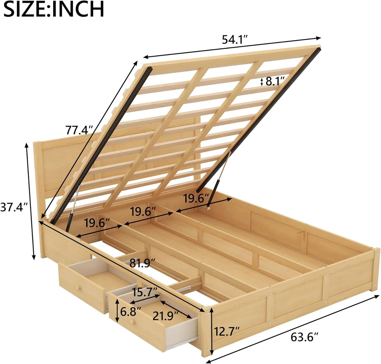 Queen Size Platform Bed, Wood Queen Platform Bed Frame With Underneath Storage And 2 Drawers, No Box Spring Needed, Natural