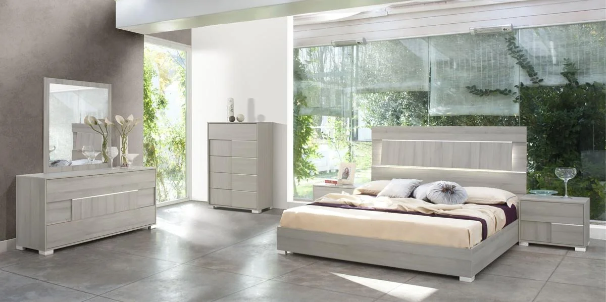 Grey Veneer Headboard w/LED King Bedroom Set 6Pcs Italy Made VIG Modrest Ethan