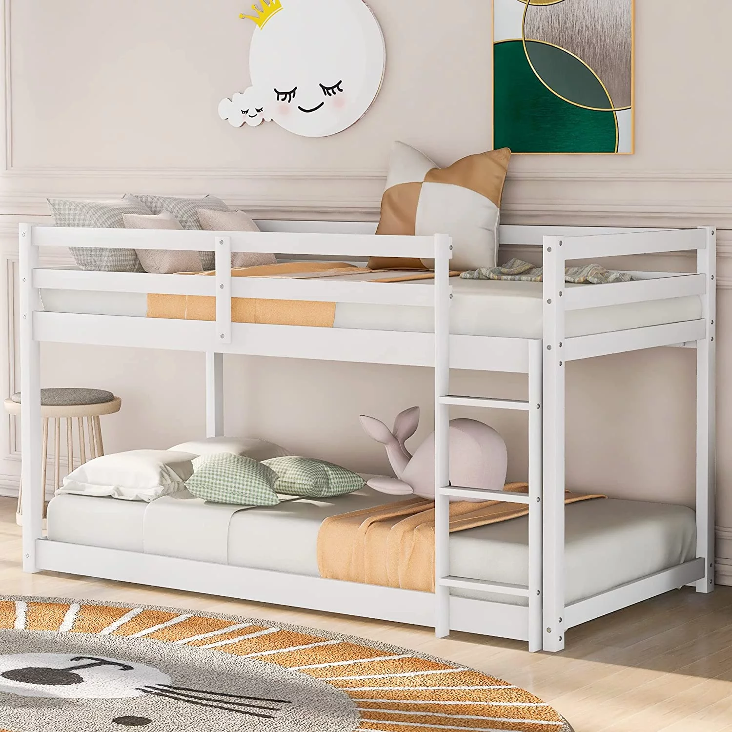Twin Over Twin Low Bunk Bed with Safety Guardrail Climbing Ladder Easy to Assemble Saving Space Bed Bedroom Storage Guard Rail Ladder\u2026 (Gray)