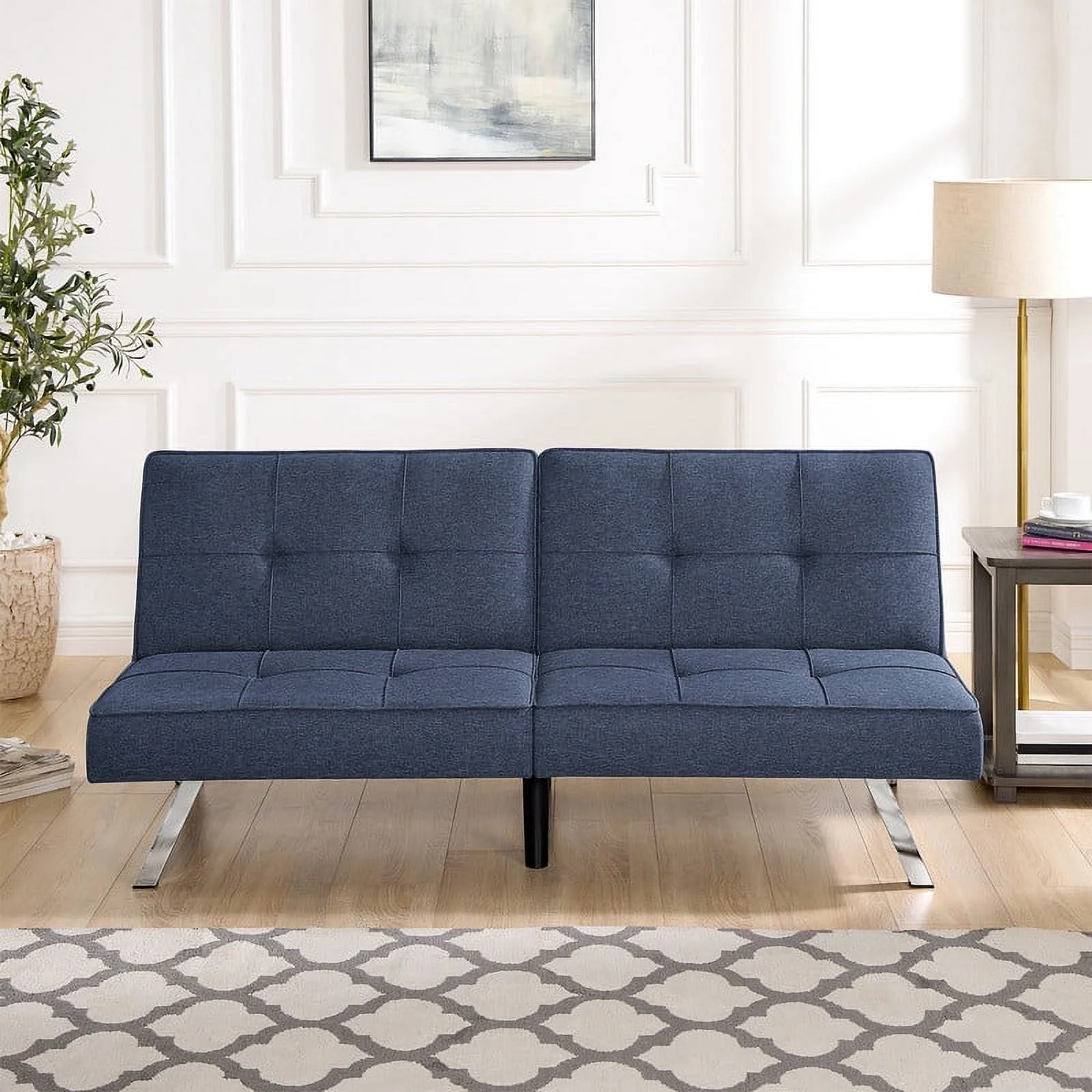 PARKWELL Futon Sofa Bed,Tufted Reclining Futon, Convertible Folding Split Back Couch for Compact Small Space, Dark Blue Linen Upholstery