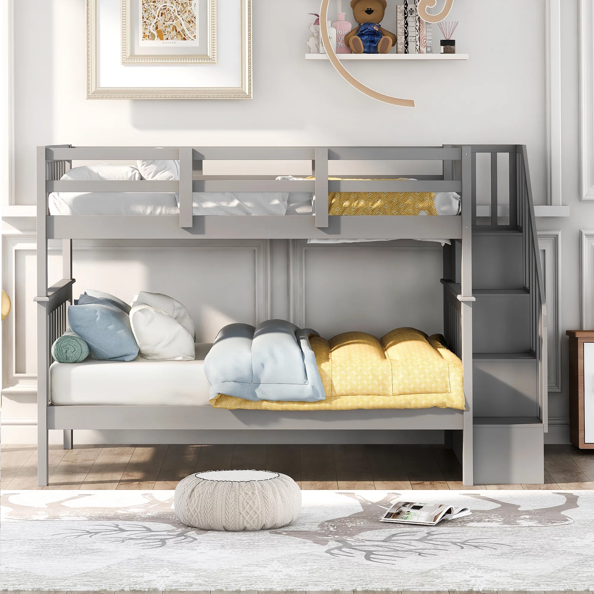Abanopi Stairway Full-Over-Full Bunk Bed with Storage and Guard Rail for Bedroom, Dorm, Gray