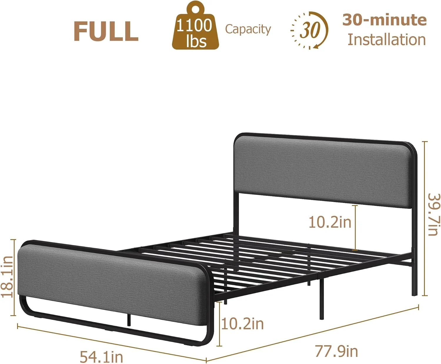 YINCHEN Metal Bed Frame Full, Heavy Duty Platform Bed with Curved Upholstered Headboard and Footboard,10.3'' Underbed Space, Strong Slats Support, No Box Spring Needed, Grey