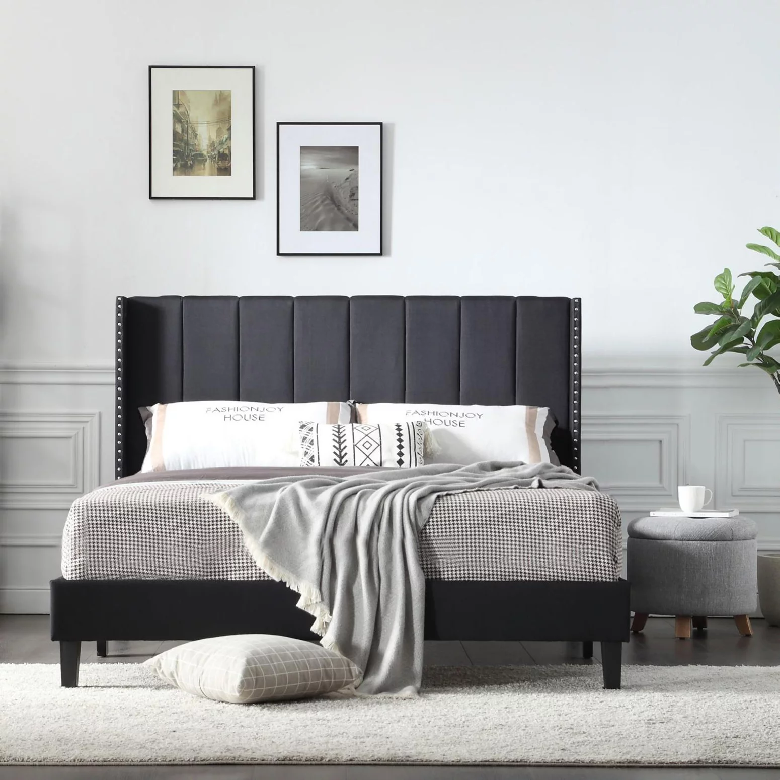 Queen Bed Frame, Queen Size Modern Upholstered Panel Bed Frame with Headboard Platform Bed with Slats Queen, Wood Slat Support, Mattress Foundation(Black)