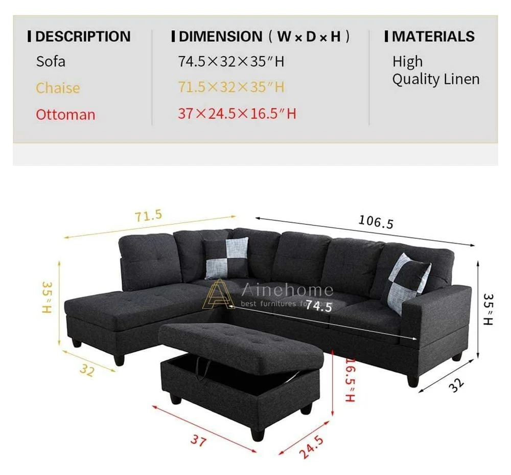 PonLiving Huguley 103.5'' Sleeper Sectional with Storage Ottoman, Left Hand & Right Hand Facing, Storage Ottoman