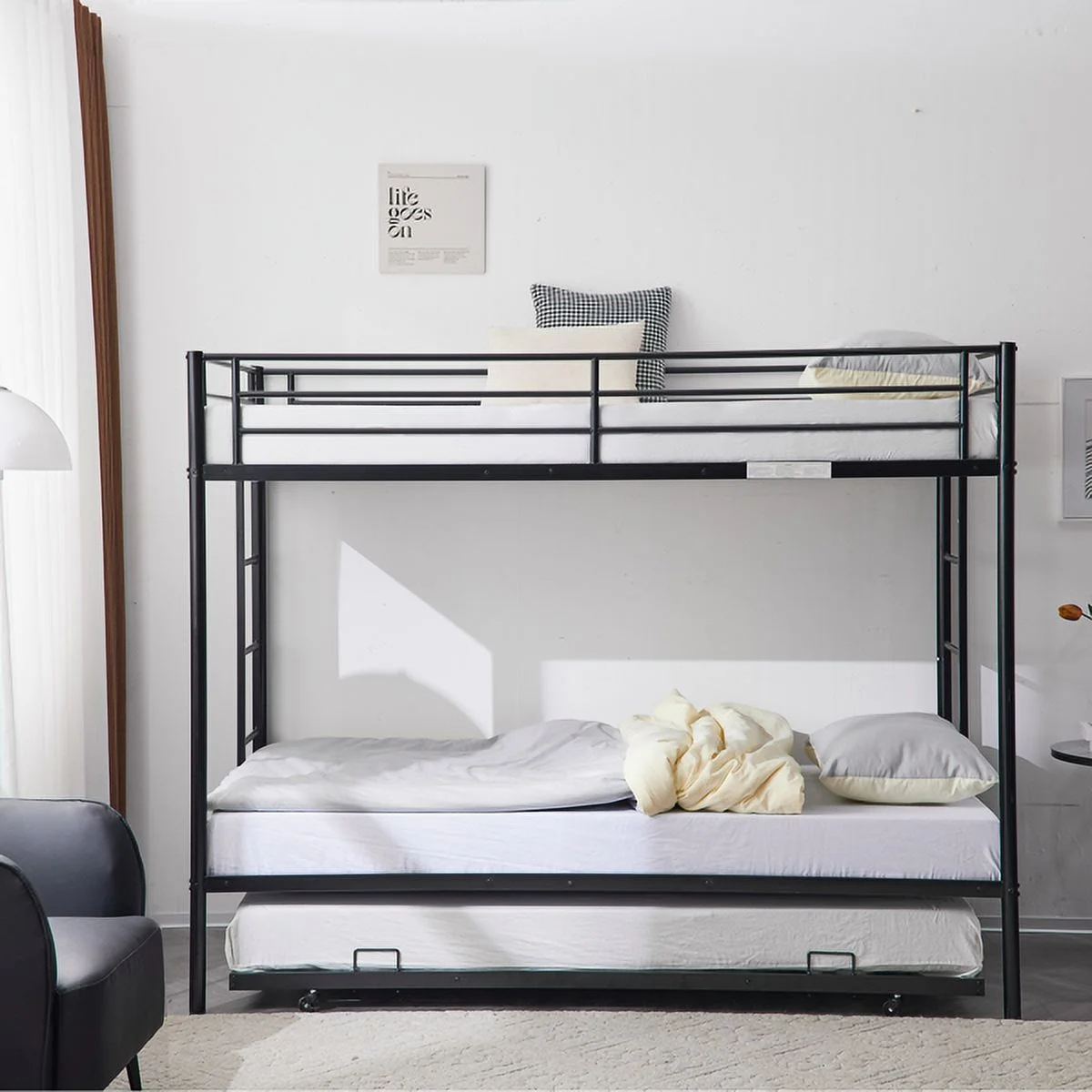 Fithood Twin Over Twin Bunk Bed with Trundle, Triple Bunk Beds for Kids Teens Adults, Metal Bunk Bed with Two Side Ladder and Guardrails, Black