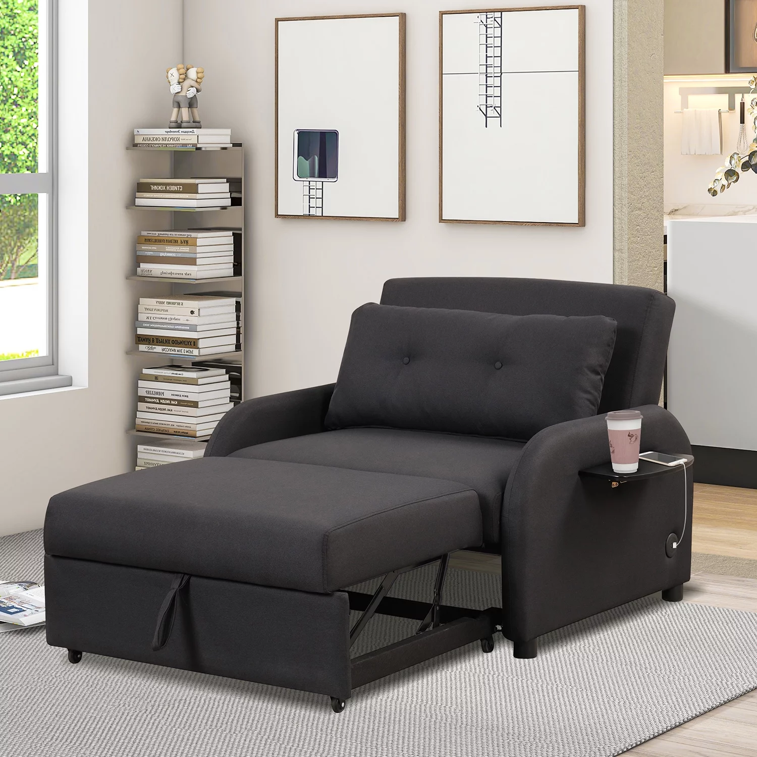 Churanty Sofa Bed Chair 3 in 1 Convertible Lounger Sleeper Single Recliner for Small Space with Adjustable Backrest,2 Wing Table Side Pocket and USB Charge,Black