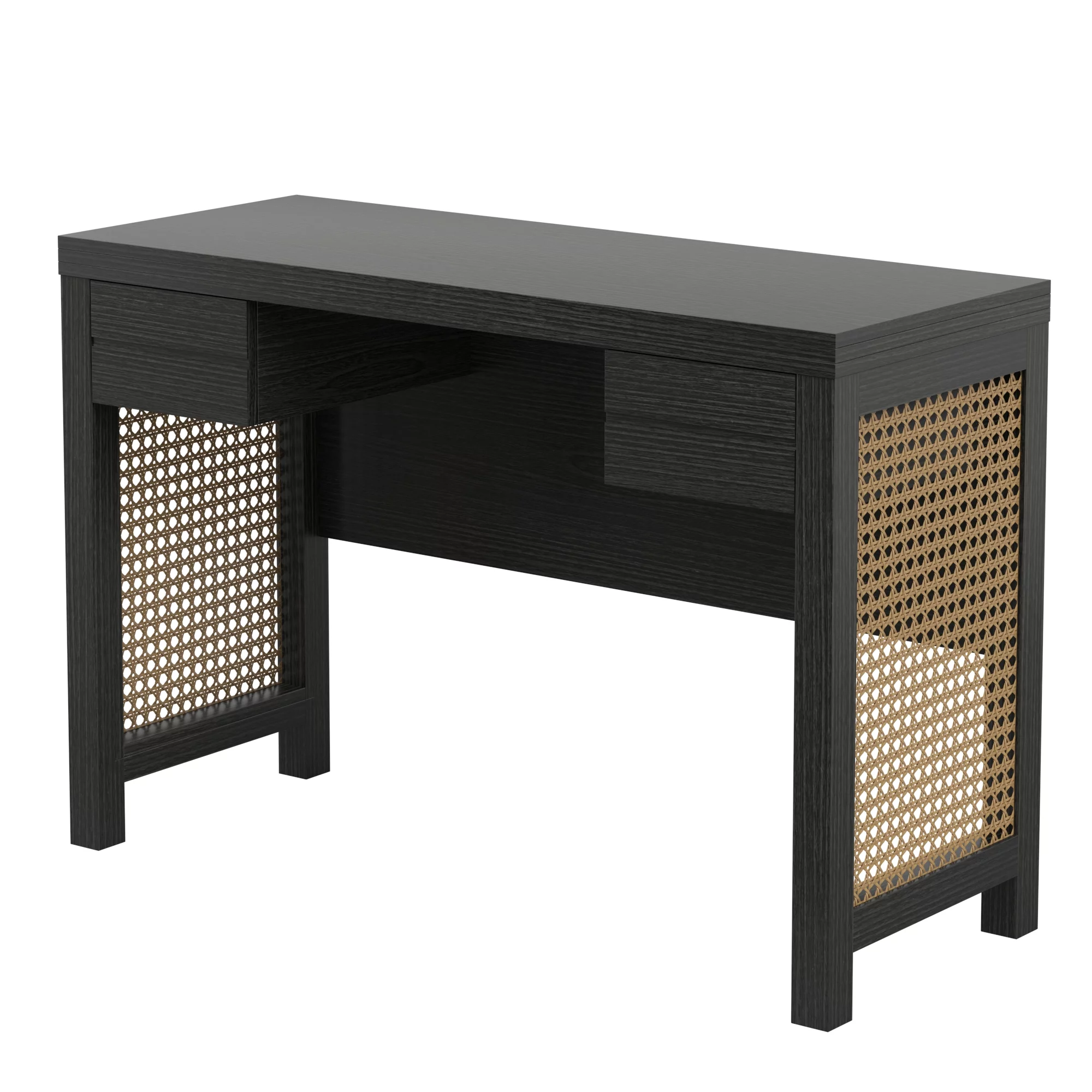 Twin Star Home Desk with USB Charging Ports and Cane Side Panels in Black
