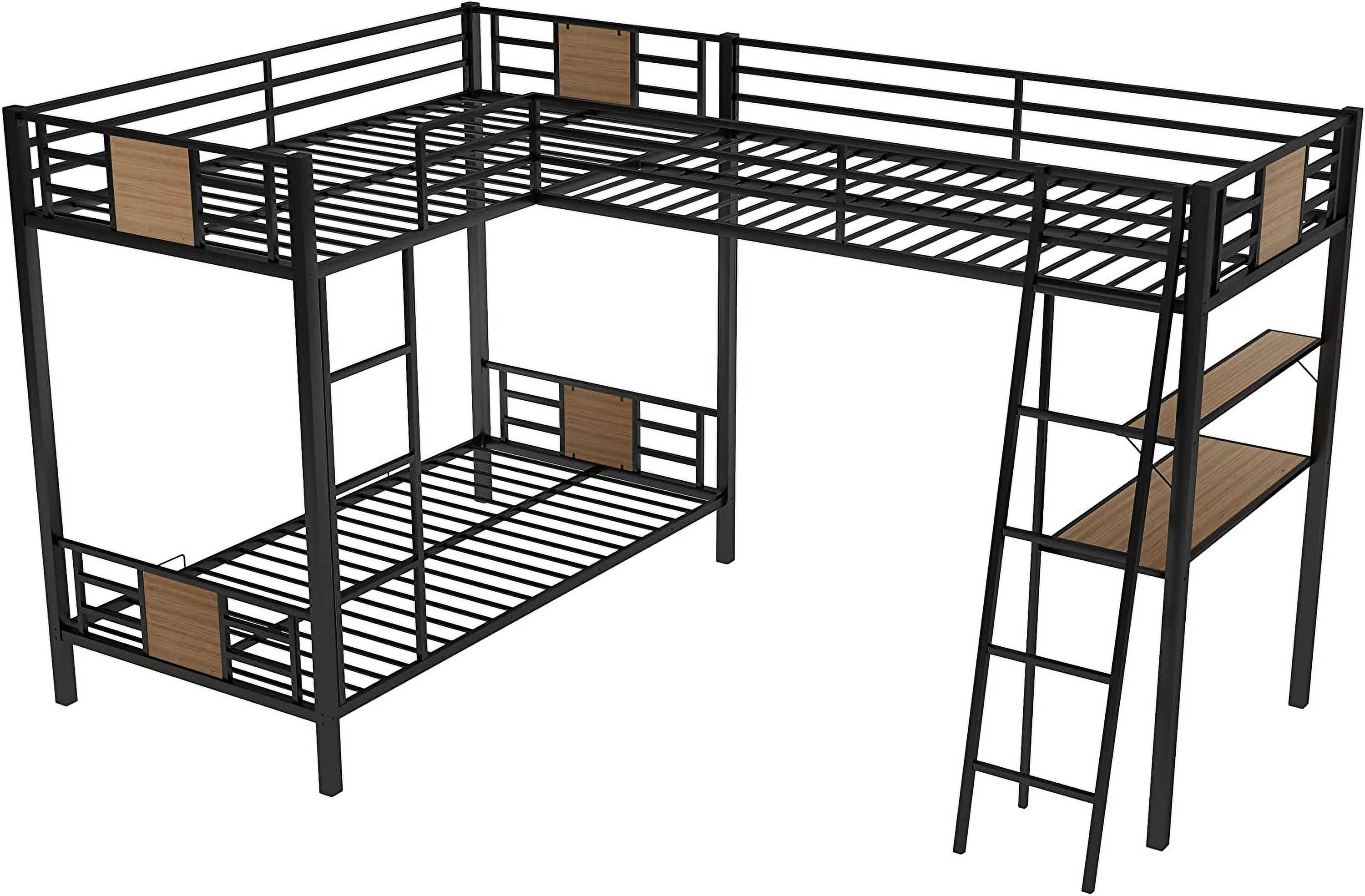 Metal L-Shaped Triple Bunk Bed with Twin Over Twin and Twin Size Loft Bed - Desk and Shelf Included - 3 Bunk Beds for Kids Teens Adults