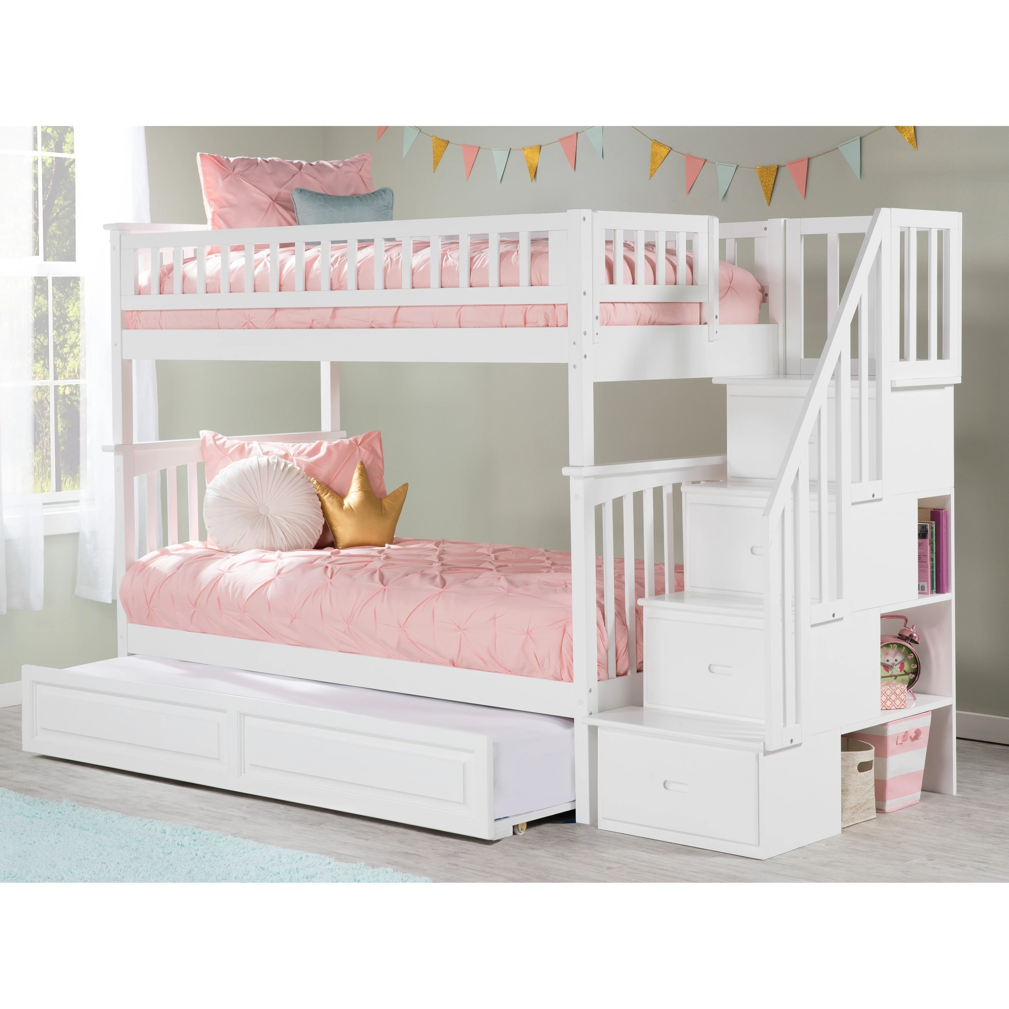 AFI Columbia Staircase Bunk Bed Twin over Twin with Twin Trundle in White