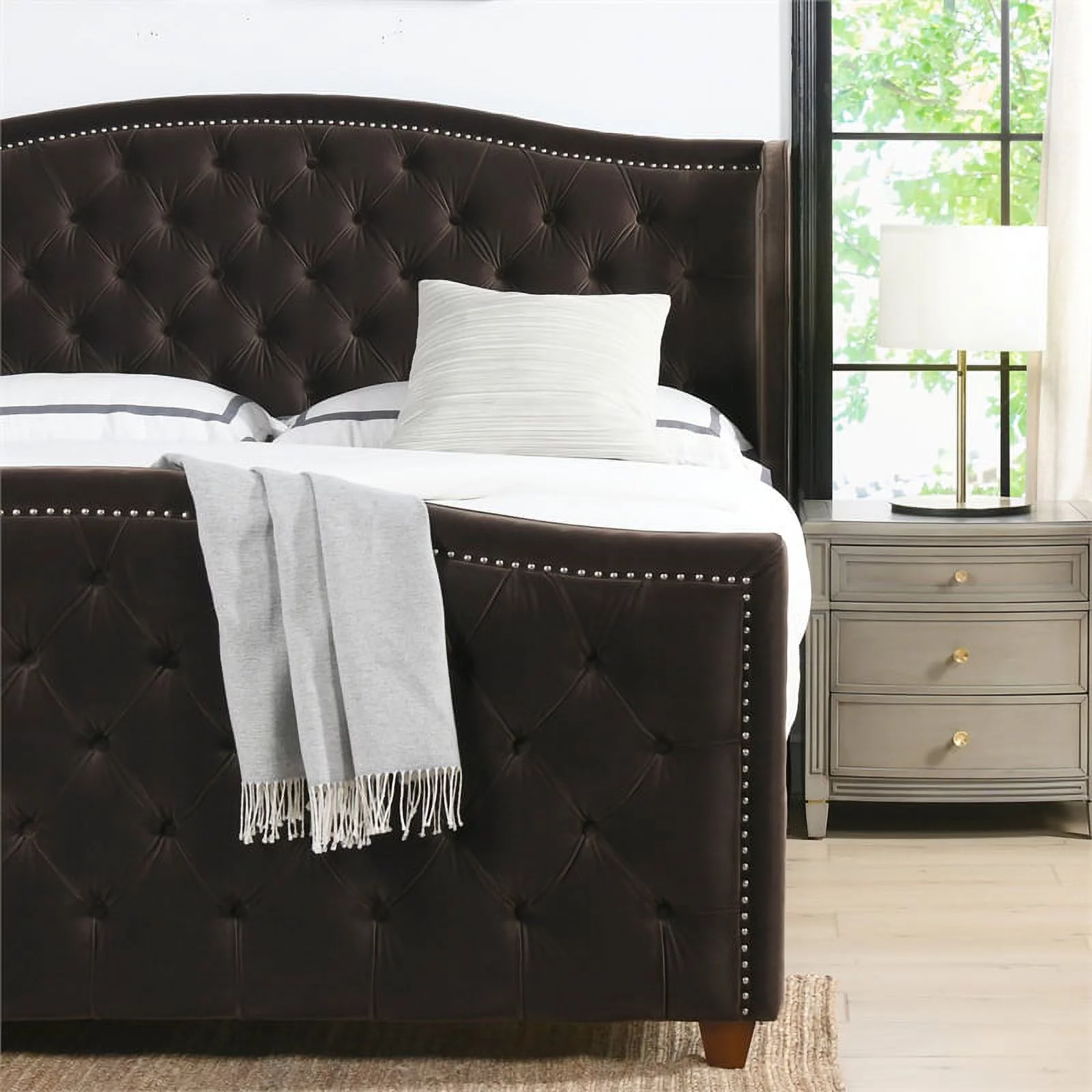 Maklaine Modern Upholstered Shelter Headboard Bed King in Deep Brown