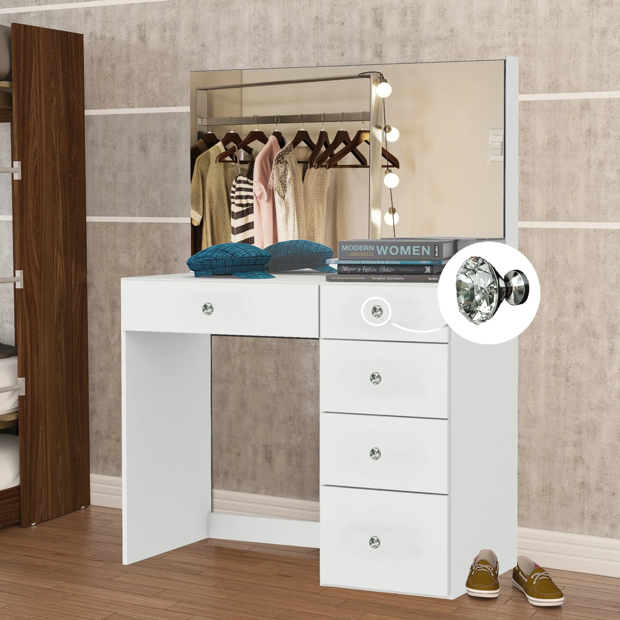 Boahaus Kira PRO Modern Makeup Vanity, 5 Drawers, Mirror, Crystal Knobs, White, for Bedroom