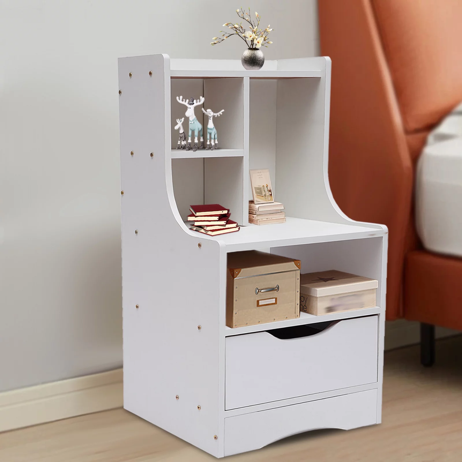 Loyalheartdy Wood Nightstand Dresser w/Storage Shelf Drawer, White Freestanding End Table Side Table Cabinet for Bedroom