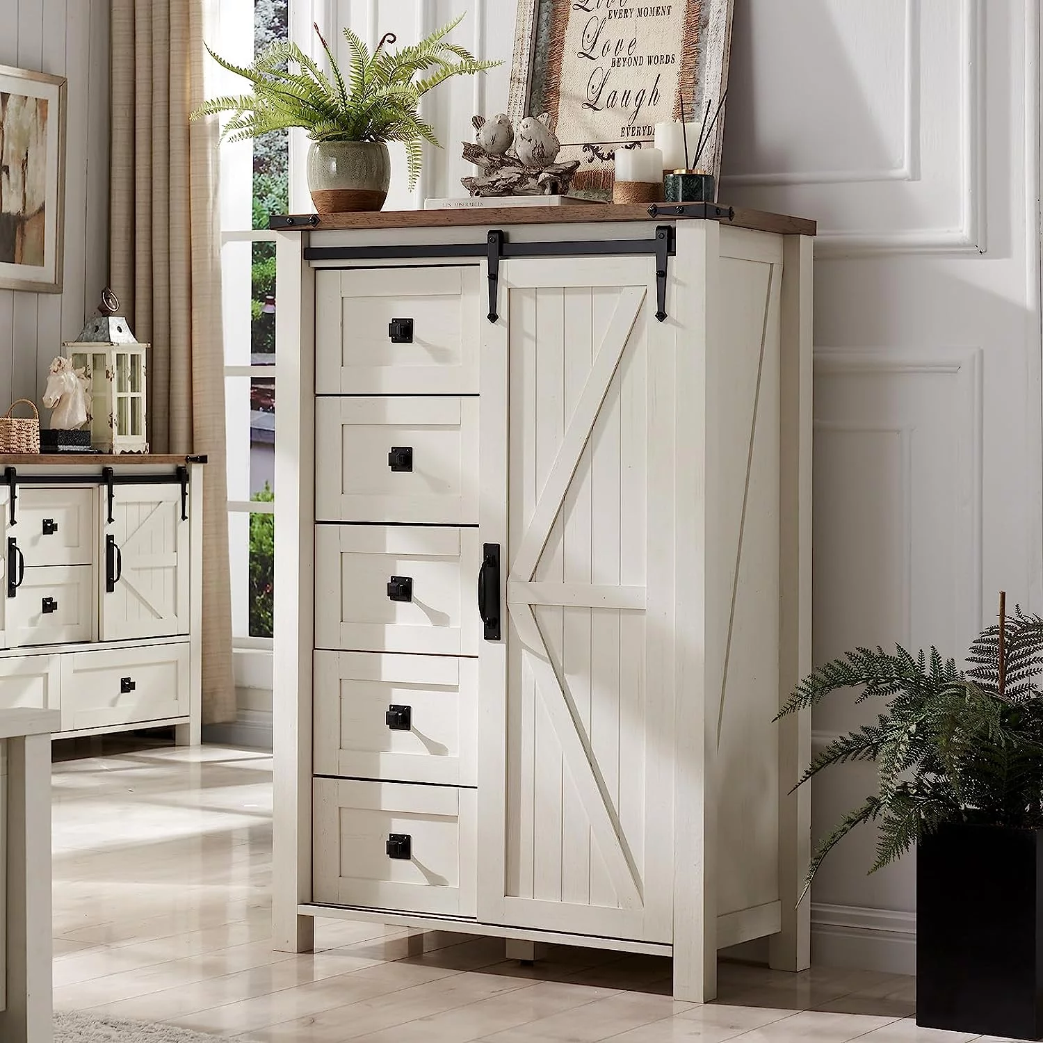 OKD Dressers with Sliding Barn Door and Shelf for Bedroom, Farmhouse 5 Drawers Chest, Nursery Dresser Organizer, Tall Dresser Chest of Drawers, White