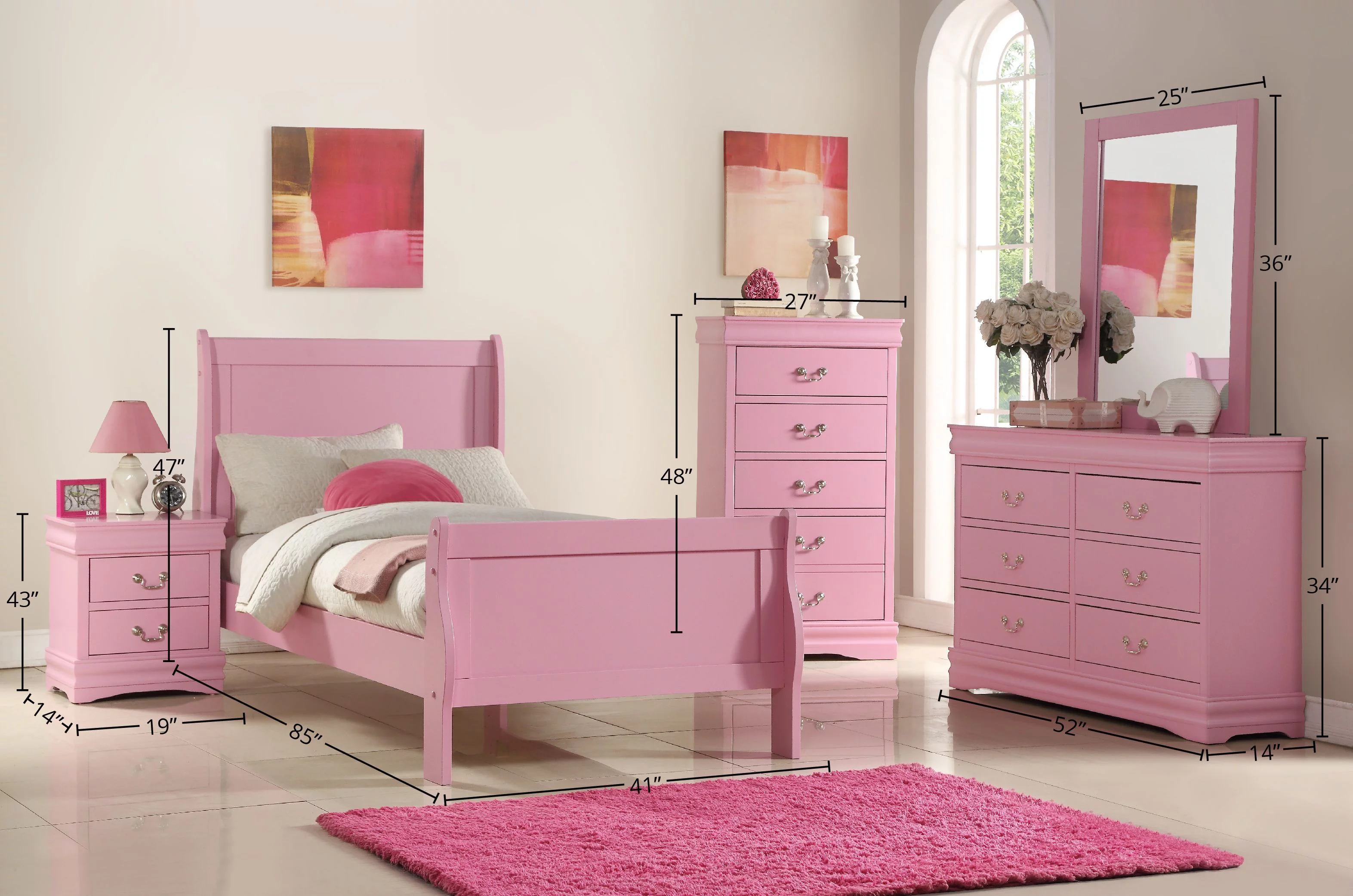 Twin Size Wooden Bedroom Set includes Headboard, Footboard, Dresser, Mirror, Chest, Nightstand in Pink