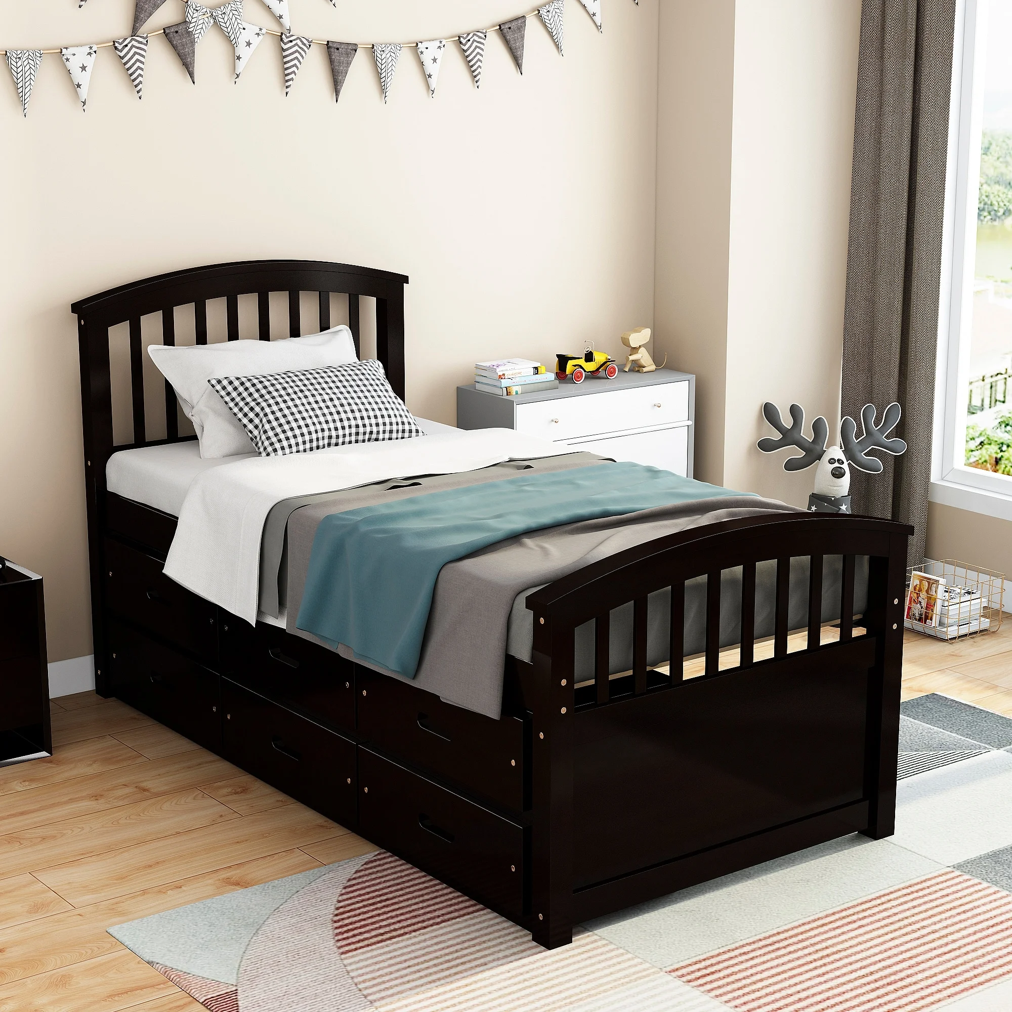 Twin Size Platform Bed with 6 Drawers Oak