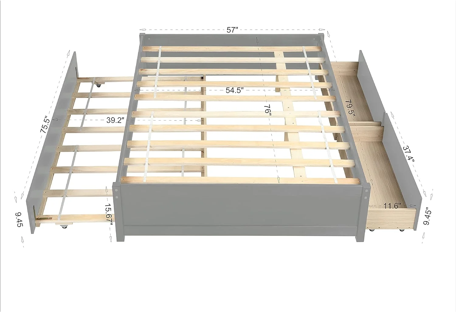 Full Bed With Trundle And Two Drawers, Wooden Platform Bed Frame (Gray)