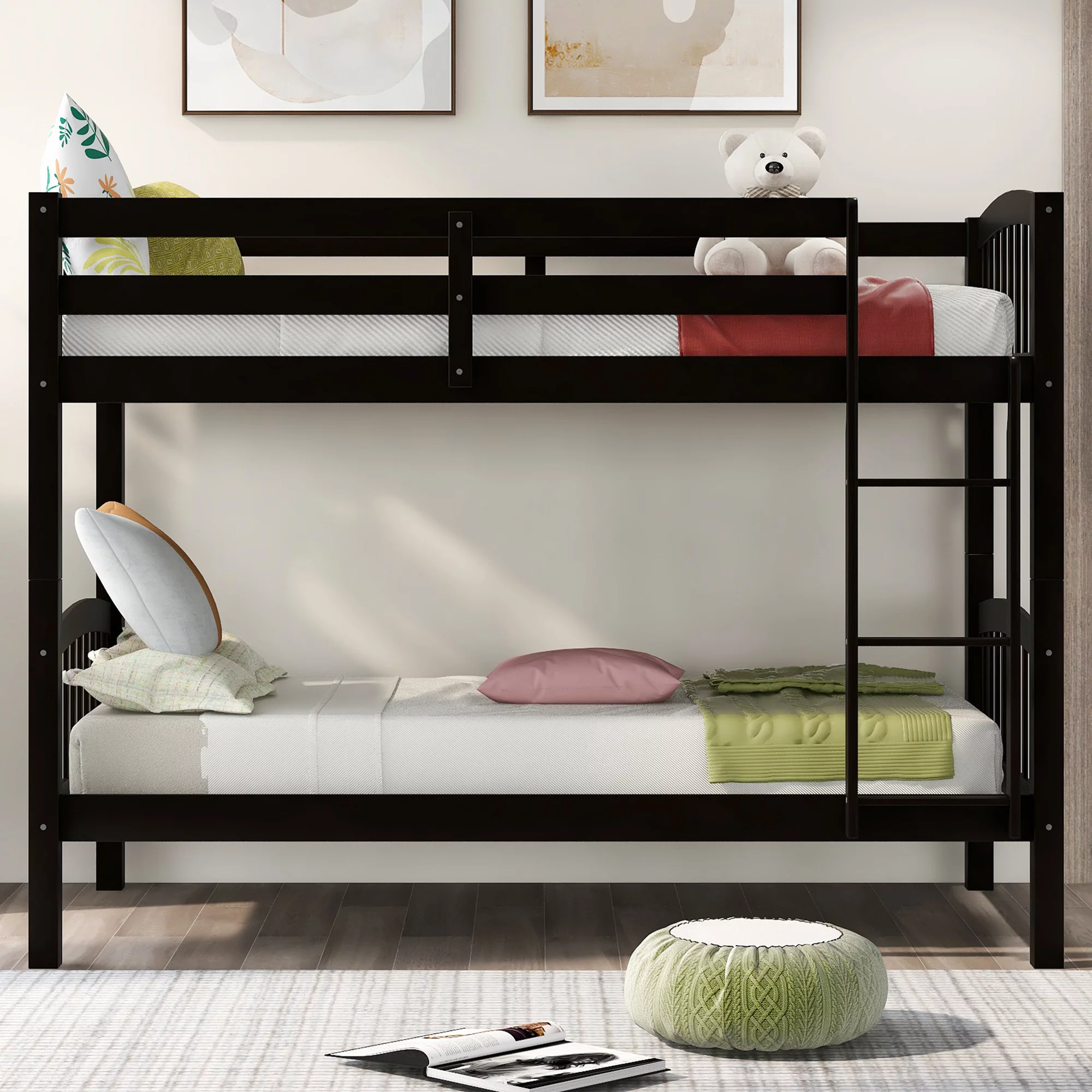 CoSoTower Twin Over Full Bunk Bed with Ladder, Trundle and Safety Guardrail, Wooden Beds Frame for Girls Boys, Divided into 2 Twin Beds, Espresso