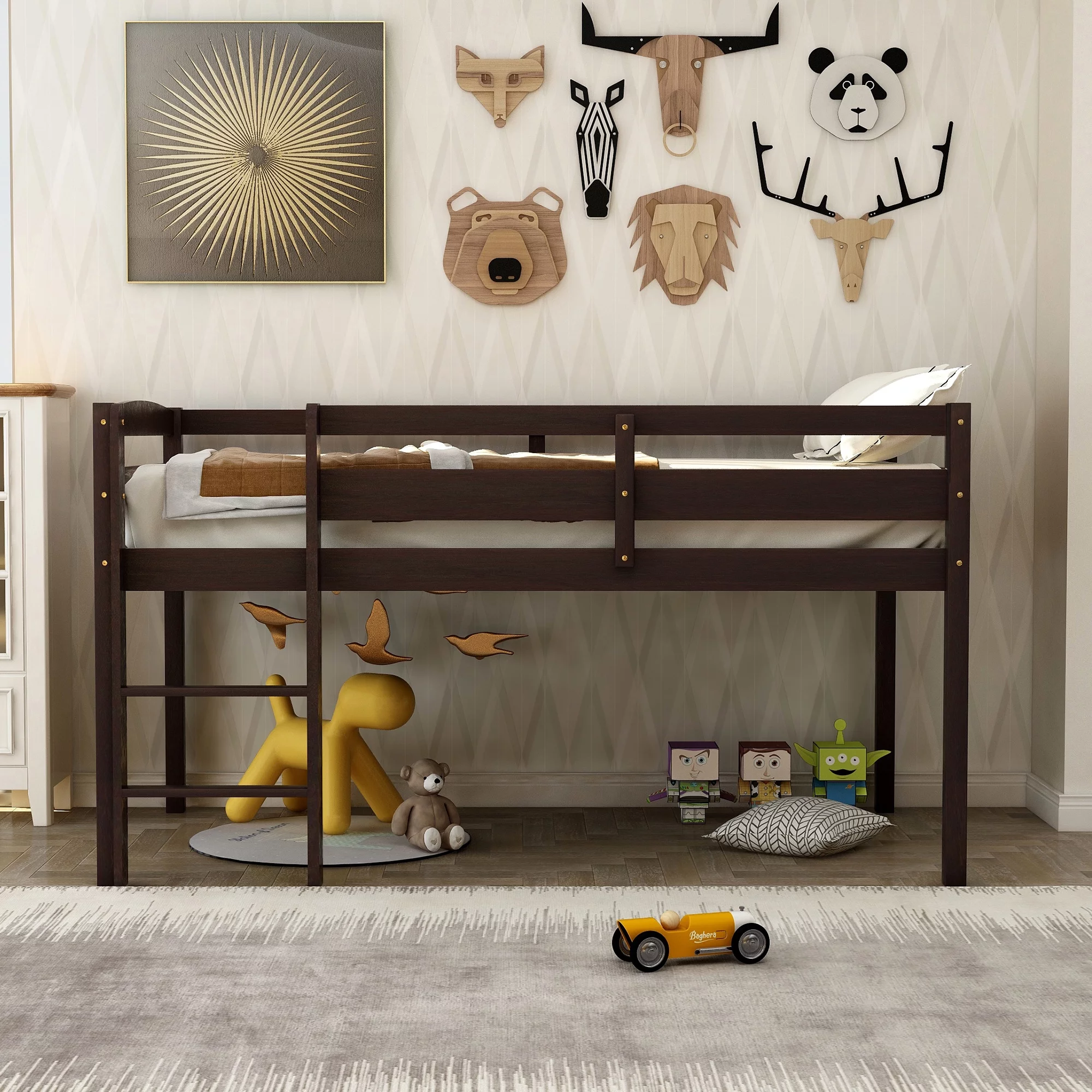 ikayaa Twin Wood Loft Bed Low Loft Beds with Ladder,Twin,Espresso