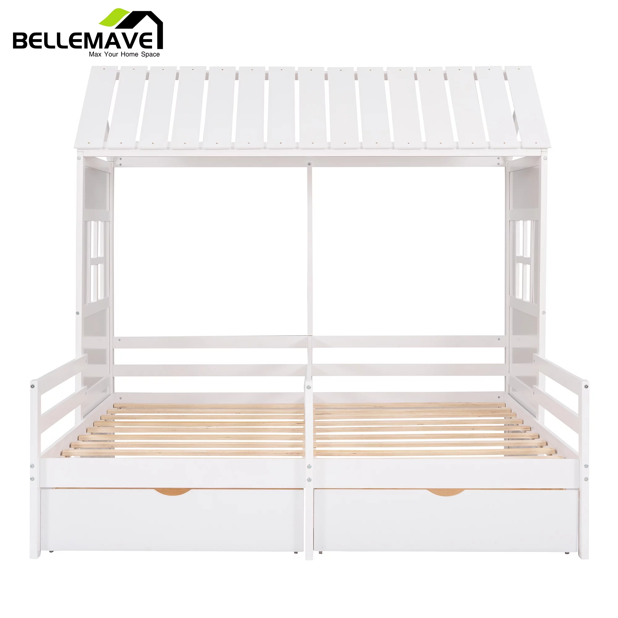 Bellemave White Twin Size Kids House Bed with 2 Drawers for Bedroom, Double Twin Size Storage Platform Beds with Shared House Roof for Kids Child Teen