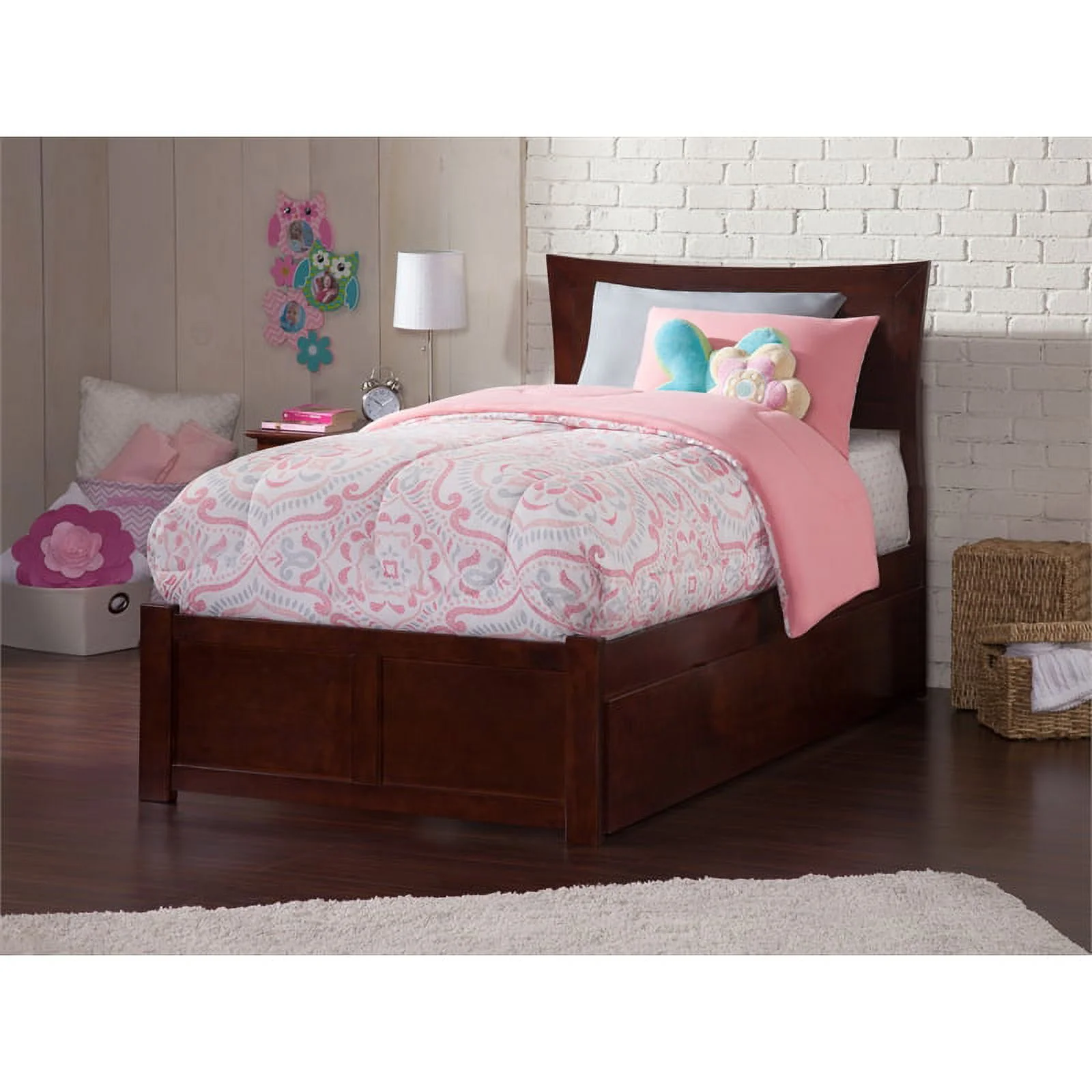Leo & Lacey Transitional Solid Wood Twin Trundle Platform Bed in Walnut